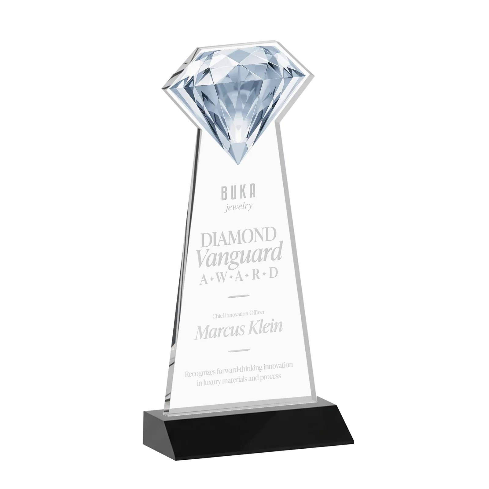 Custom printed Starfire Crystal Award With a Gemstone Cutout on a Mitered Base, awards for team milestone celebrations