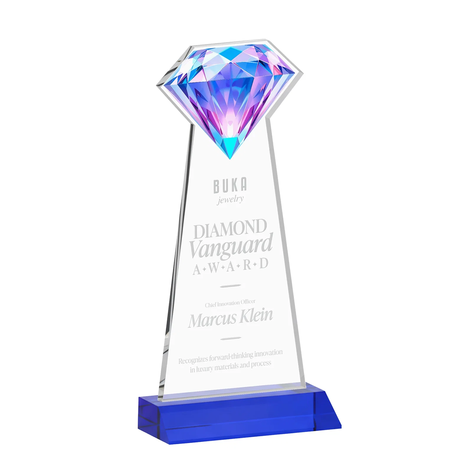 Custom printed Starfire Crystal Award With a Gemstone Cutout on a Mitered Base, awards for volunteer appreciation