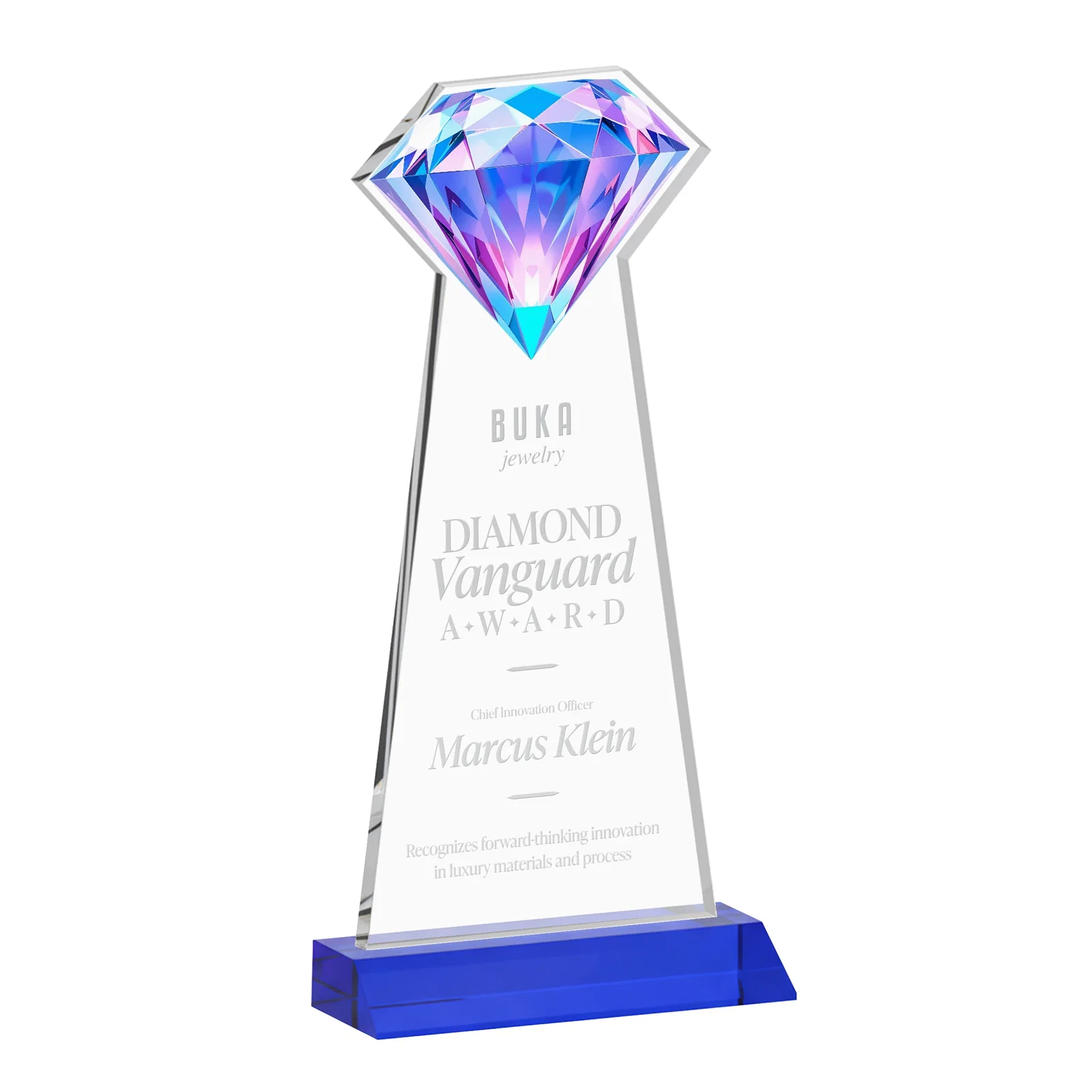 Custom printed Starfire Crystal Award With a Gemstone Cutout on a Mitered Base, awards for dealer and partner awards