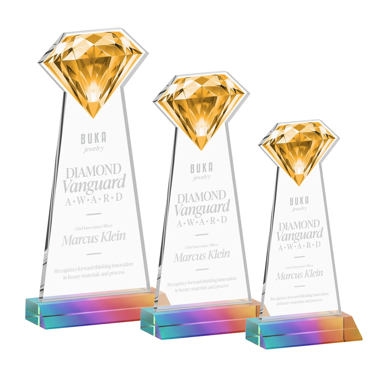 Custom printed Starfire Crystal Award With a Gemstone Cutout on a Mitered Base, awards for company anniversary events