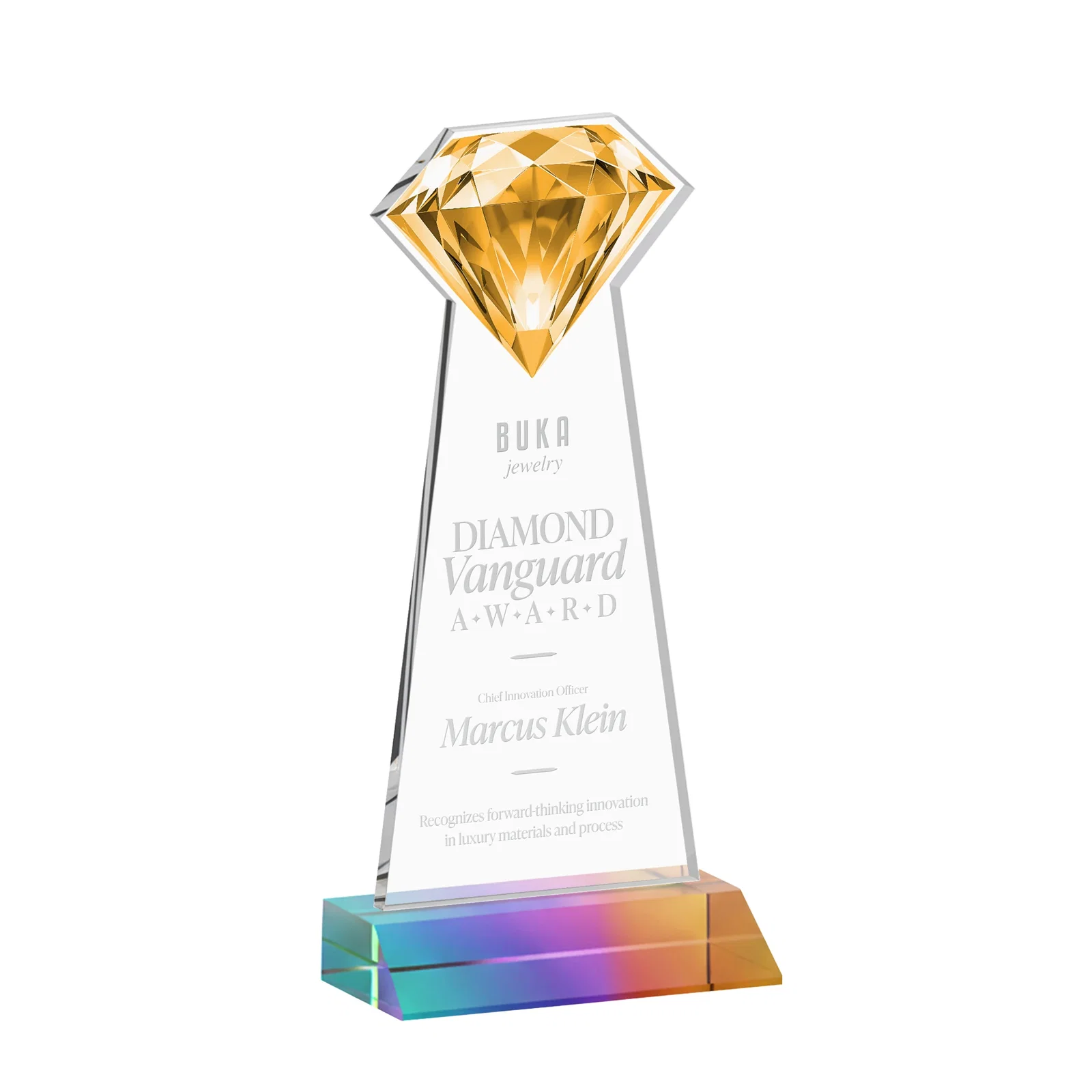 Customized Starfire Crystal Award With a Gemstone Cutout on a Mitered Base, awards for employee recognition