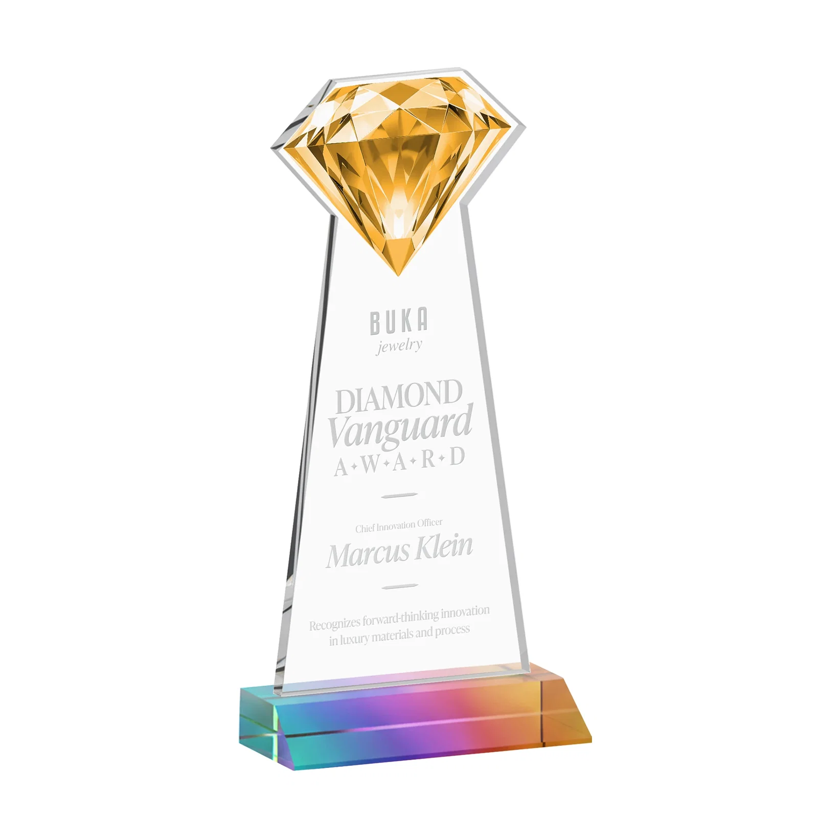 Customized Starfire Crystal Award With a Gemstone Cutout on a Mitered Base, awards for corporate award ceremonies