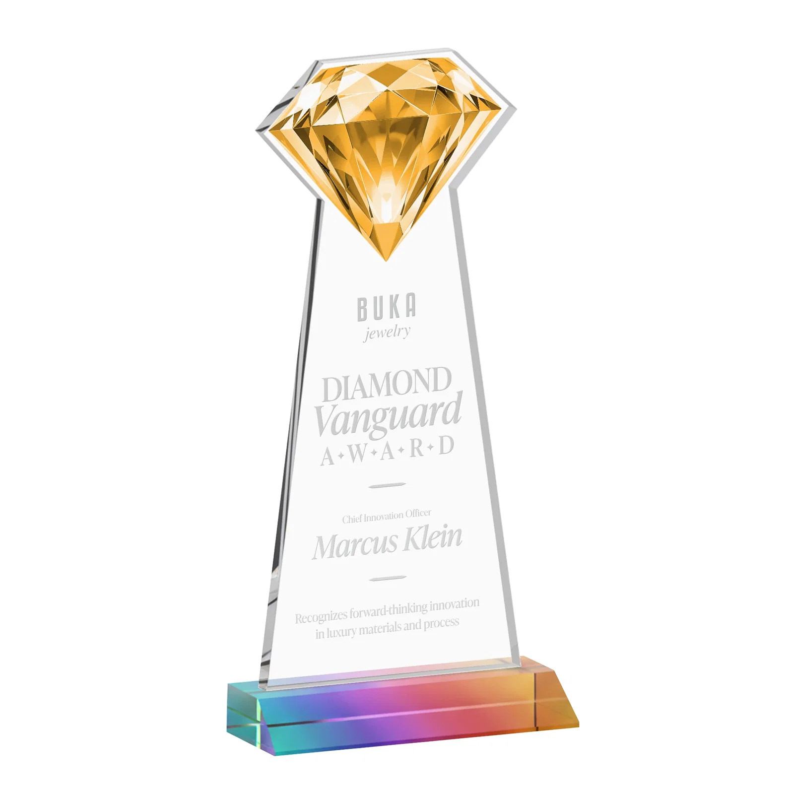 Customized Starfire Crystal Award With a Gemstone Cutout on a Mitered Base, awards for service anniversary gifts