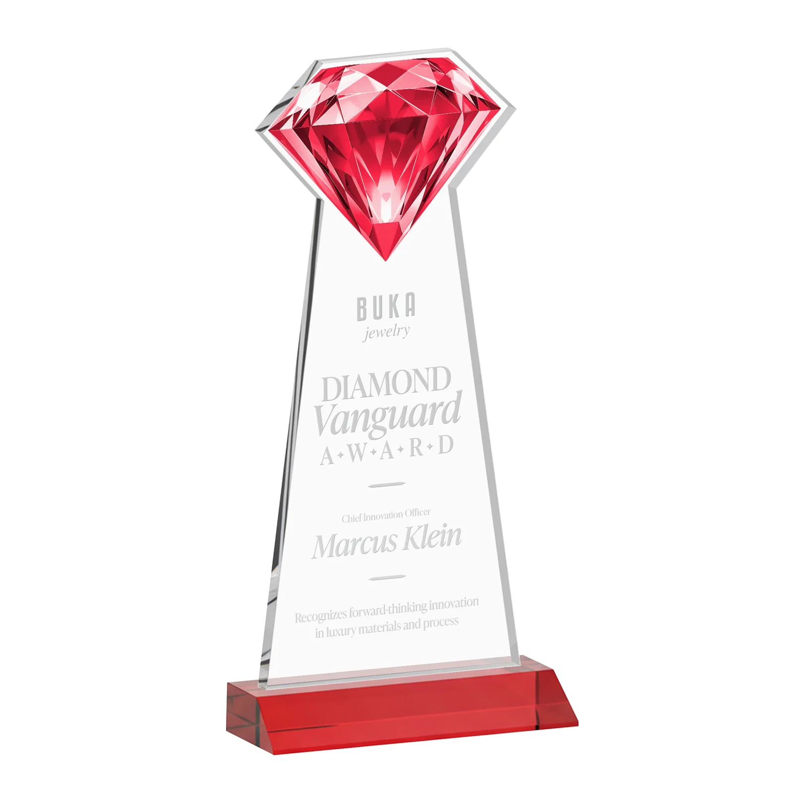 Customized Starfire Crystal Award With a Gemstone Cutout on a Mitered Base, awards for donor appreciation