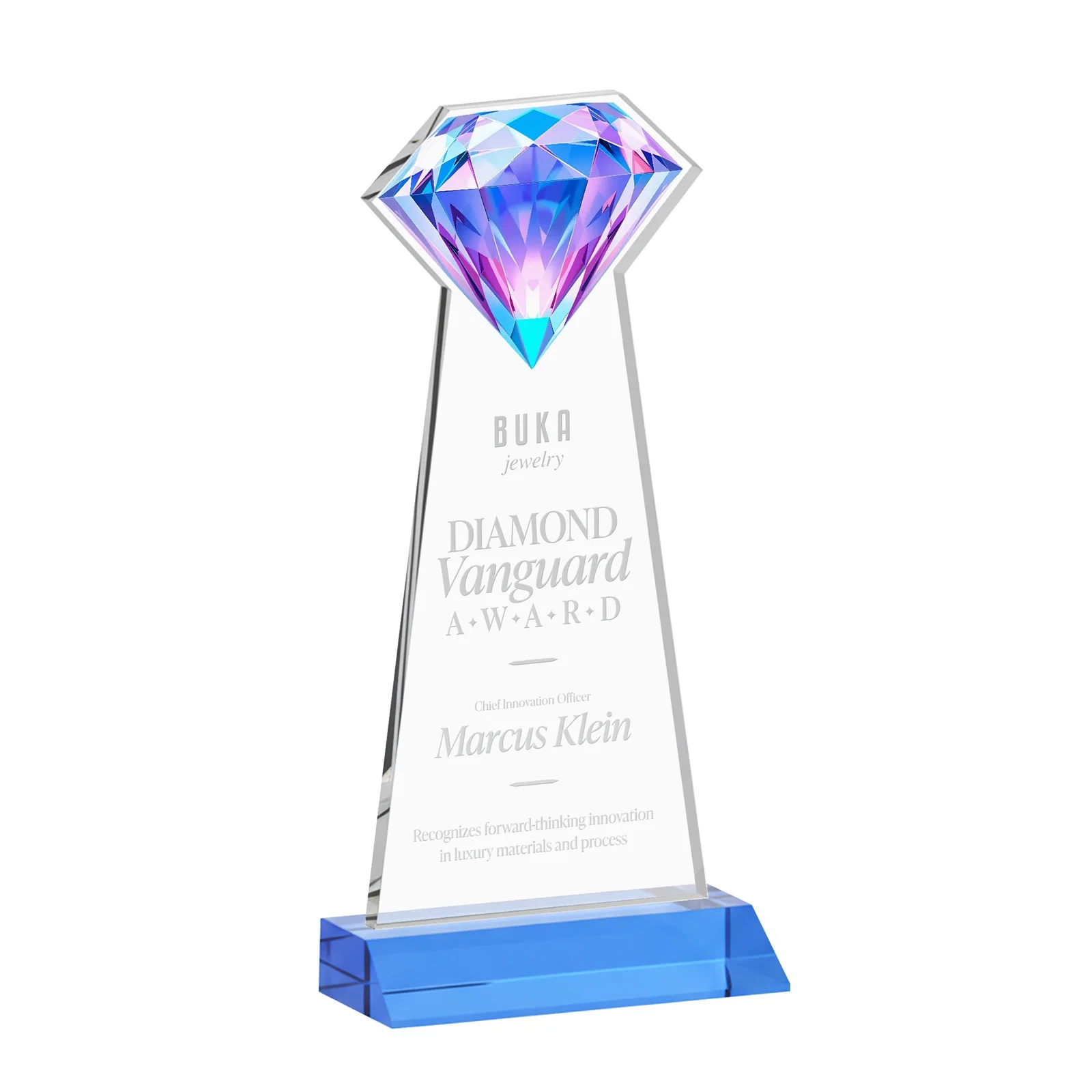 Customized Starfire Crystal Award With a Gemstone Cutout on a Mitered Base, awards for volunteer appreciation
