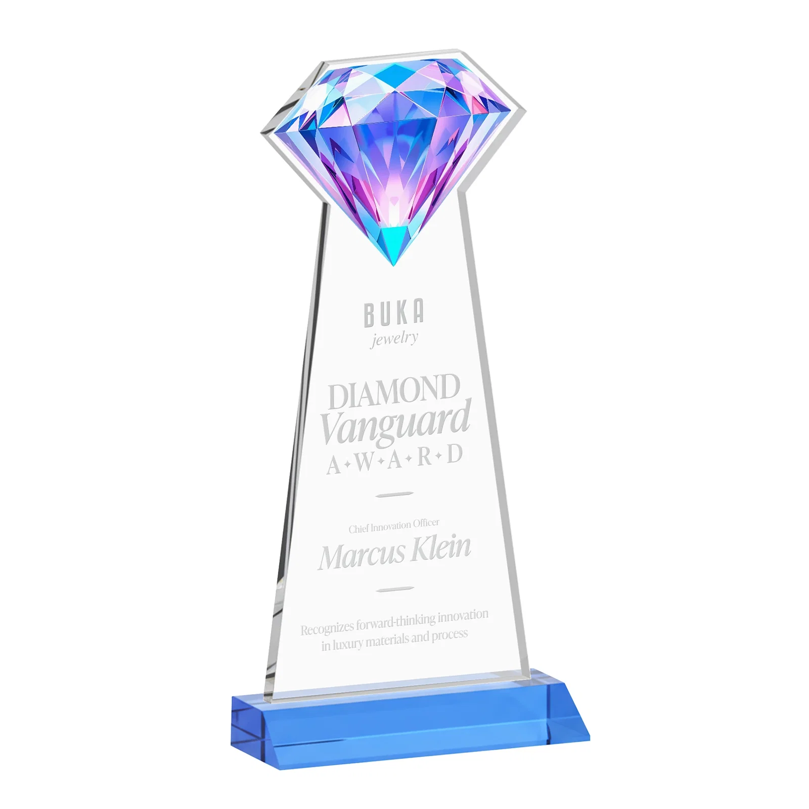 Customized Starfire Crystal Award With a Gemstone Cutout on a Mitered Base, awards for dealer and partner awards
