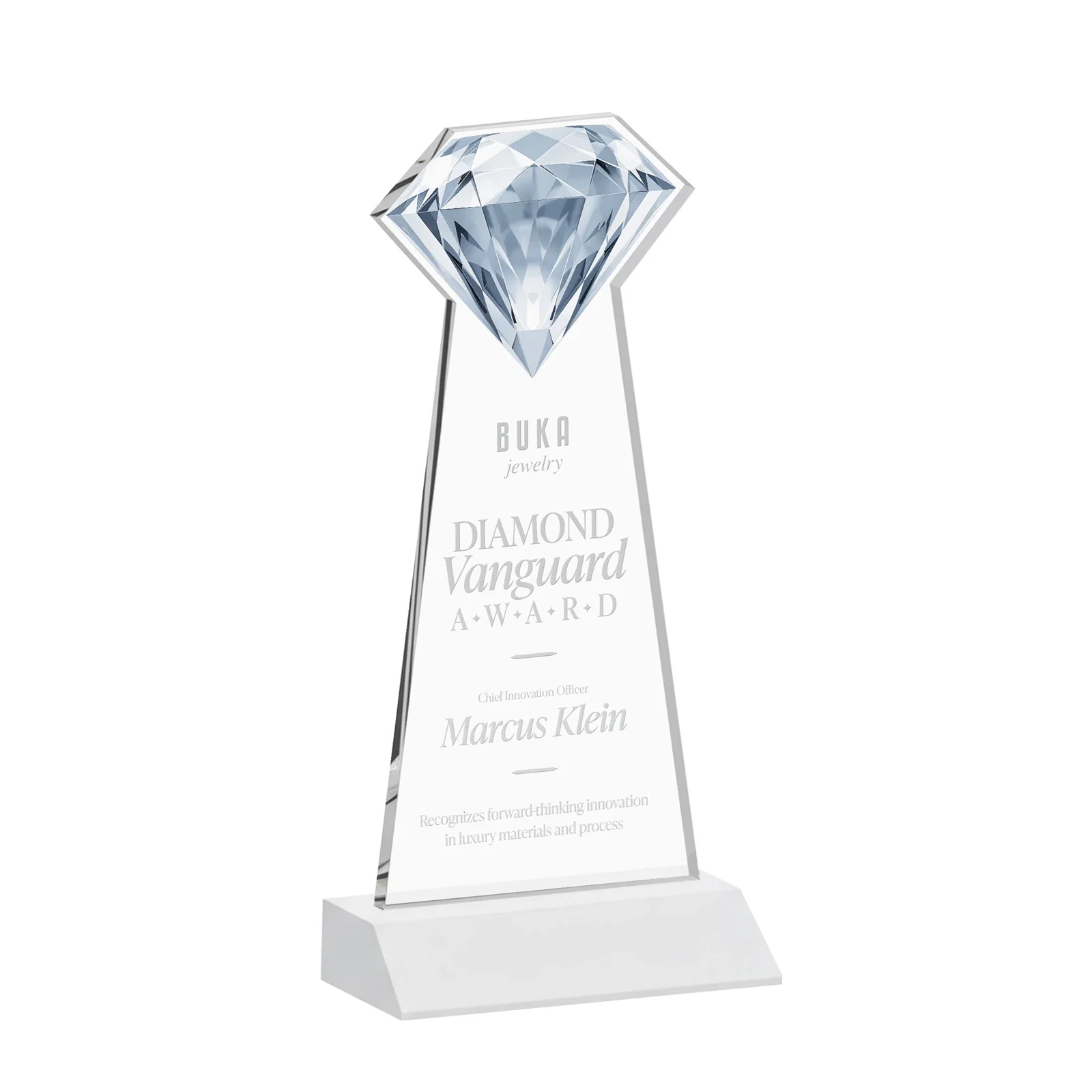 Custom engraved Starfire Crystal Award With a Gemstone Cutout on a Mitered Base, awards for employee recognition