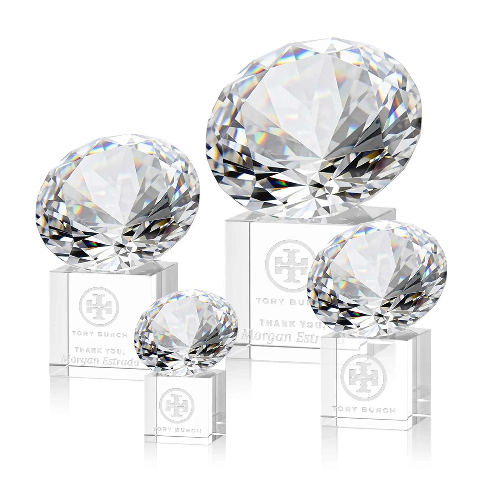 Custom Faceted Optical Crystal Gemstone Award on Crystal Cube Base for employee recognition