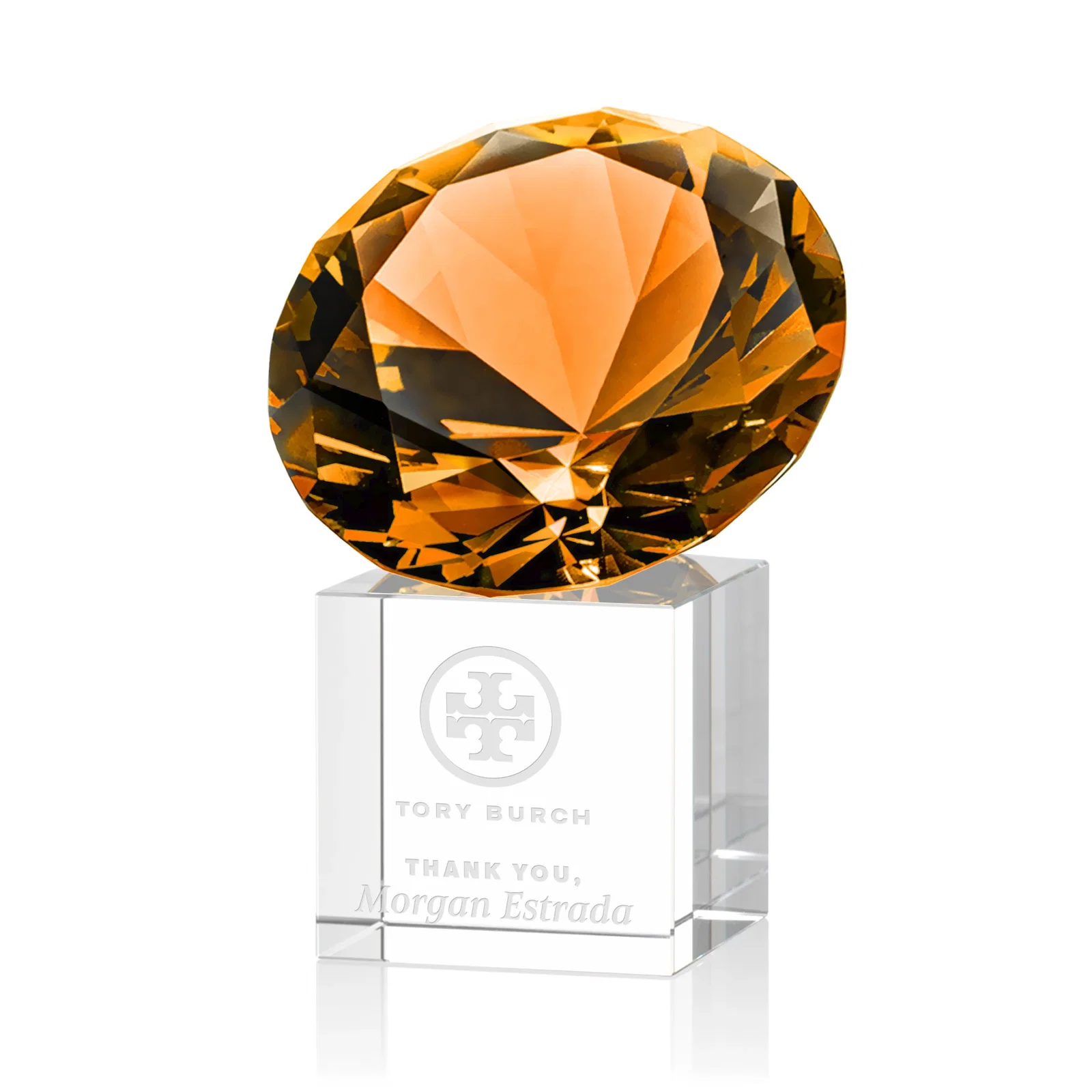 Custom Faceted Optical Crystal Gemstone Award on Crystal Cube Base for volunteer appreciation