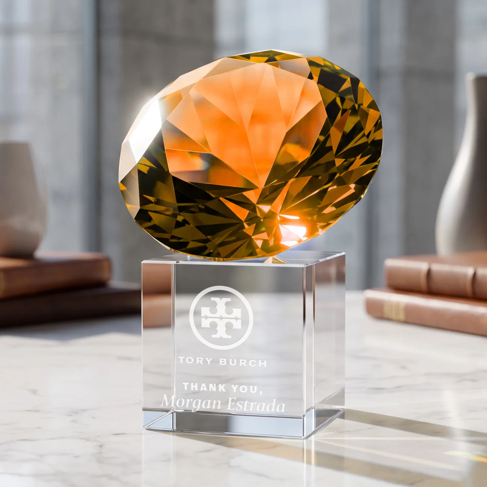 Custom Faceted Optical Crystal Gemstone Award on Crystal Cube Base for company anniversary events