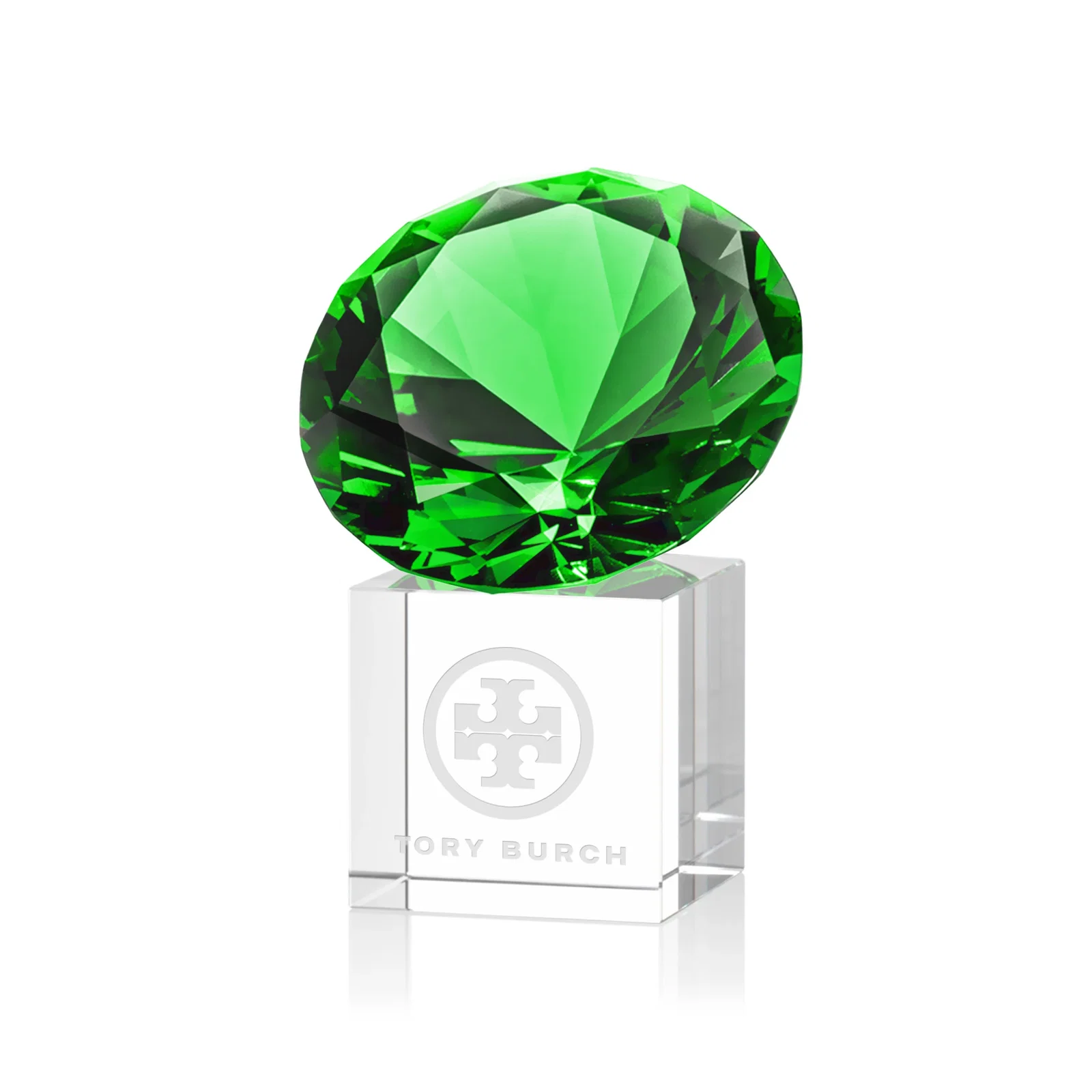 Personalized Faceted Optical Crystal Gemstone Award on Crystal Cube Base for corporate award ceremonies