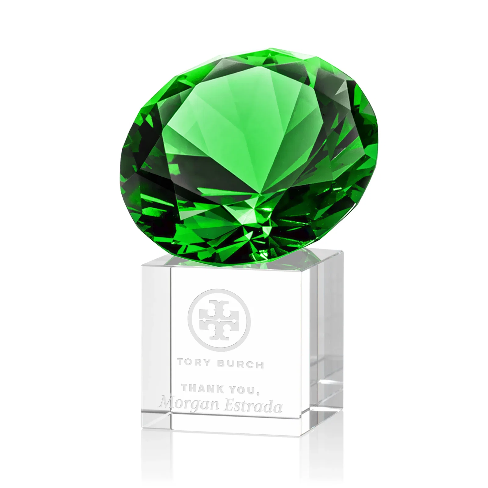 Personalized Faceted Optical Crystal Gemstone Award on Crystal Cube Base for sales achievement awards