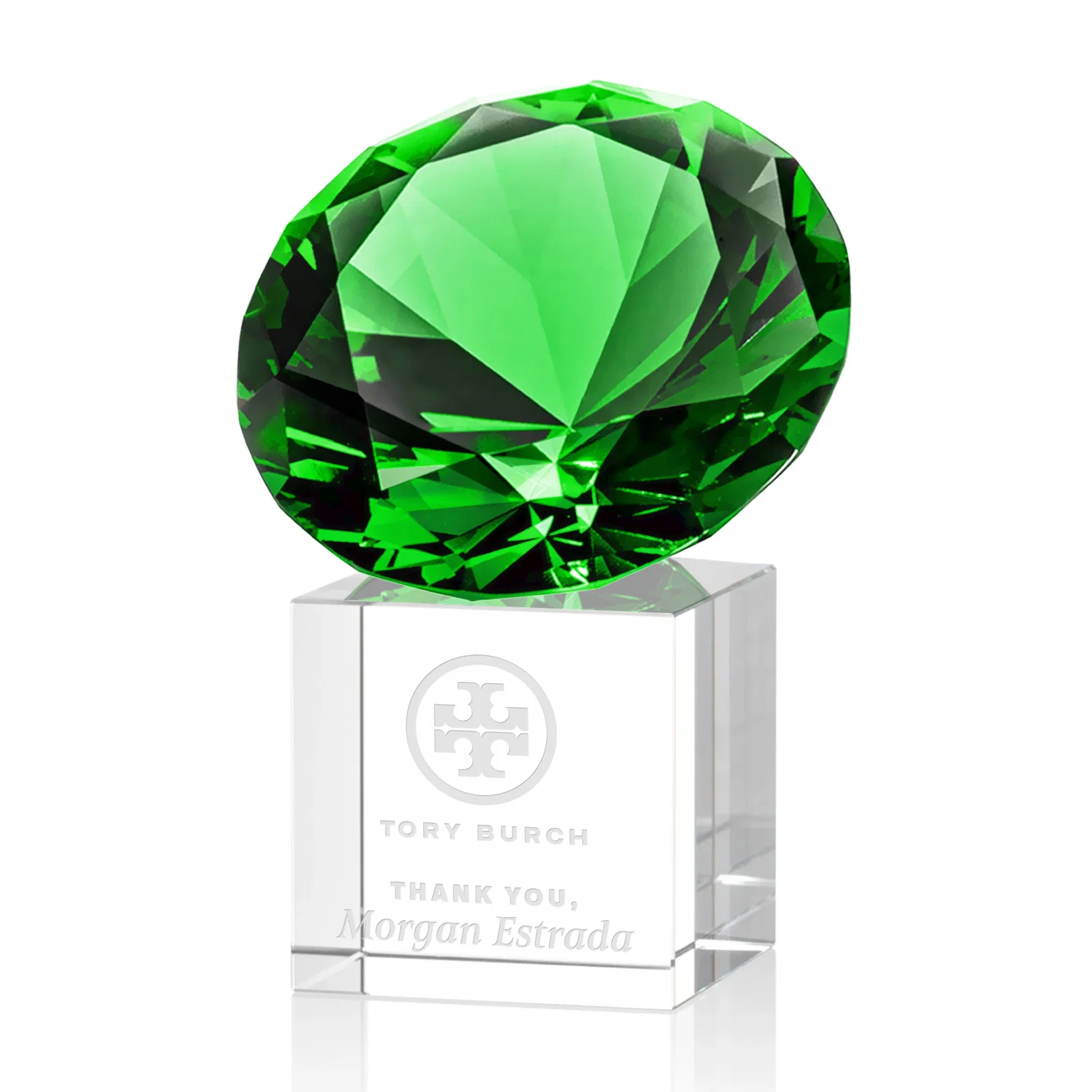 Personalized Faceted Optical Crystal Gemstone Award on Crystal Cube Base for retirement presentations