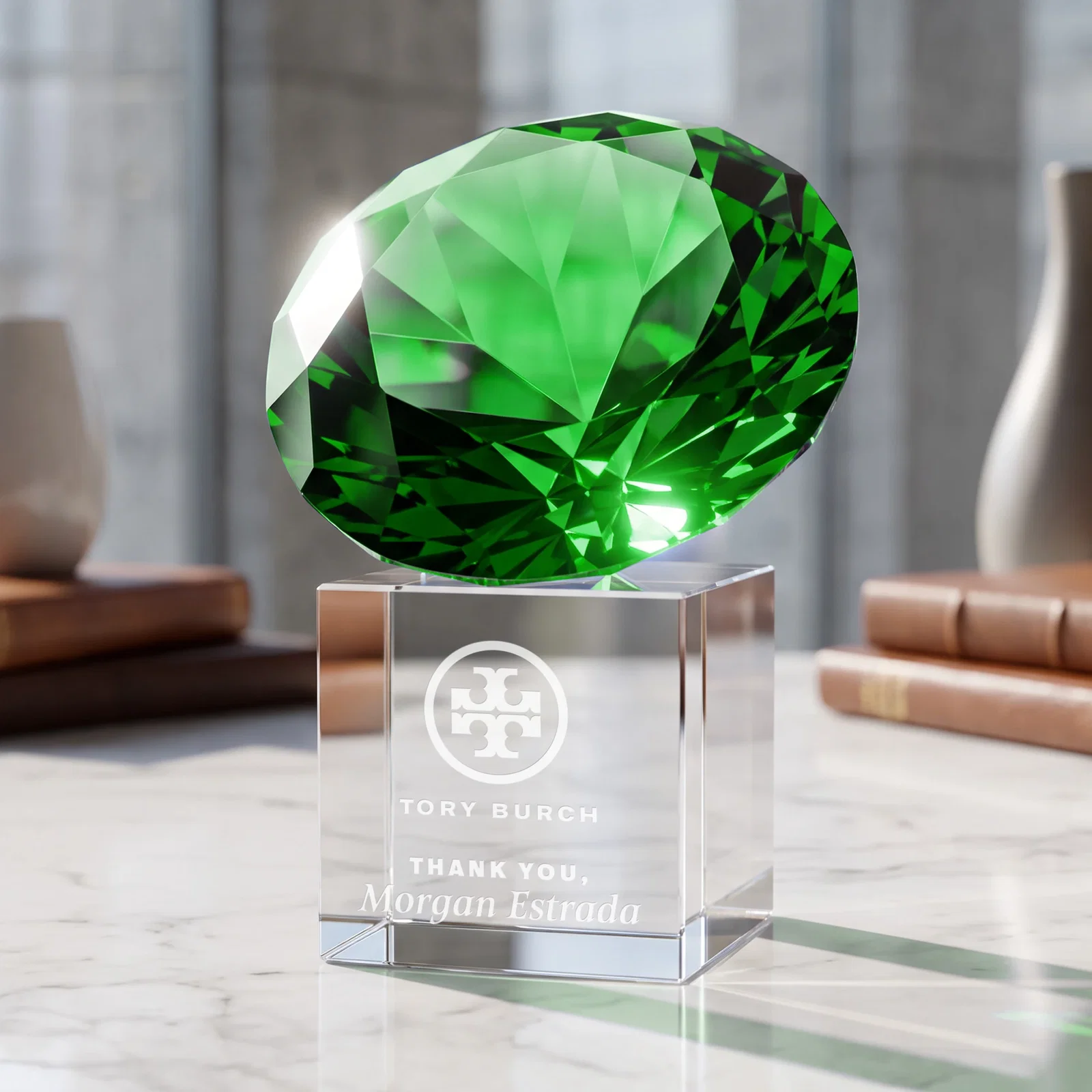 Personalized Faceted Optical Crystal Gemstone Award on Crystal Cube Base for team milestone celebrations