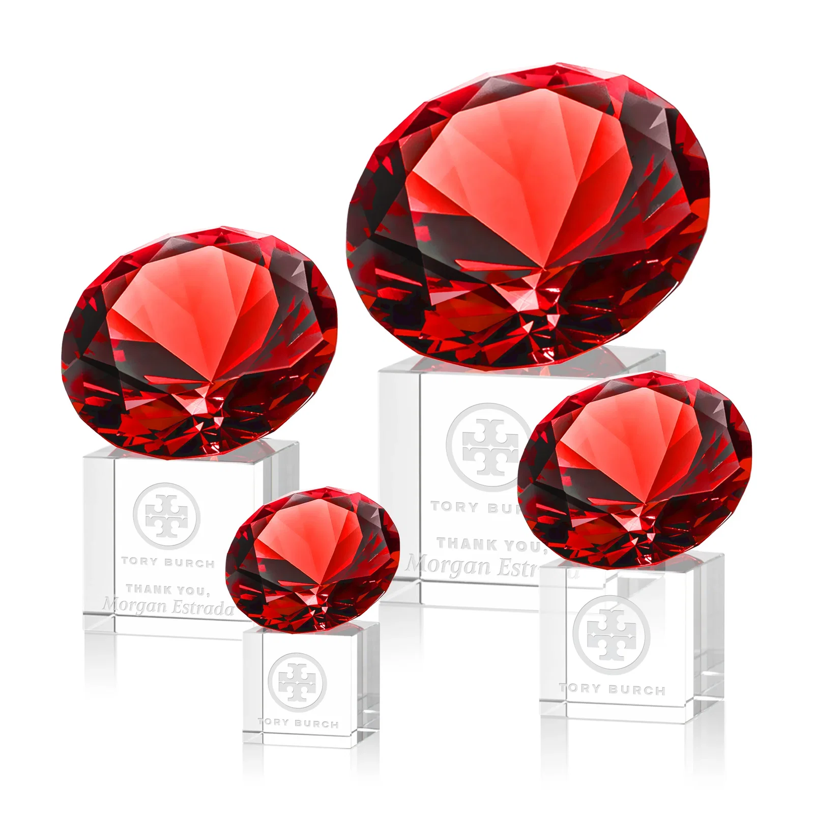 Personalized Faceted Optical Crystal Gemstone Award on Crystal Cube Base for donor appreciation