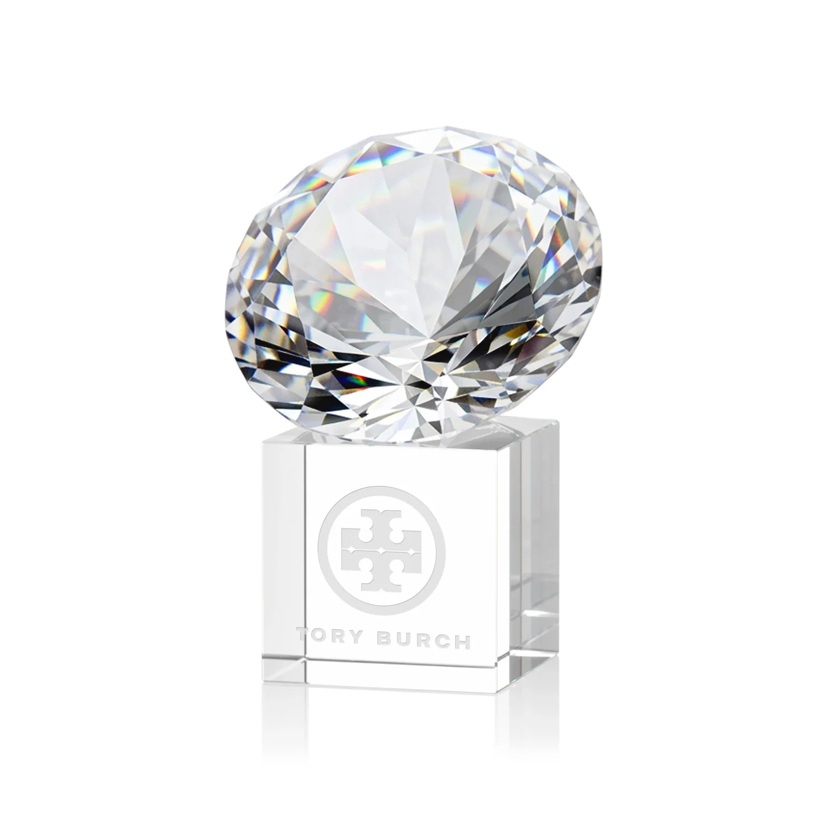 Custom Faceted Optical Crystal Gemstone Award on Crystal Cube Base for corporate award ceremonies