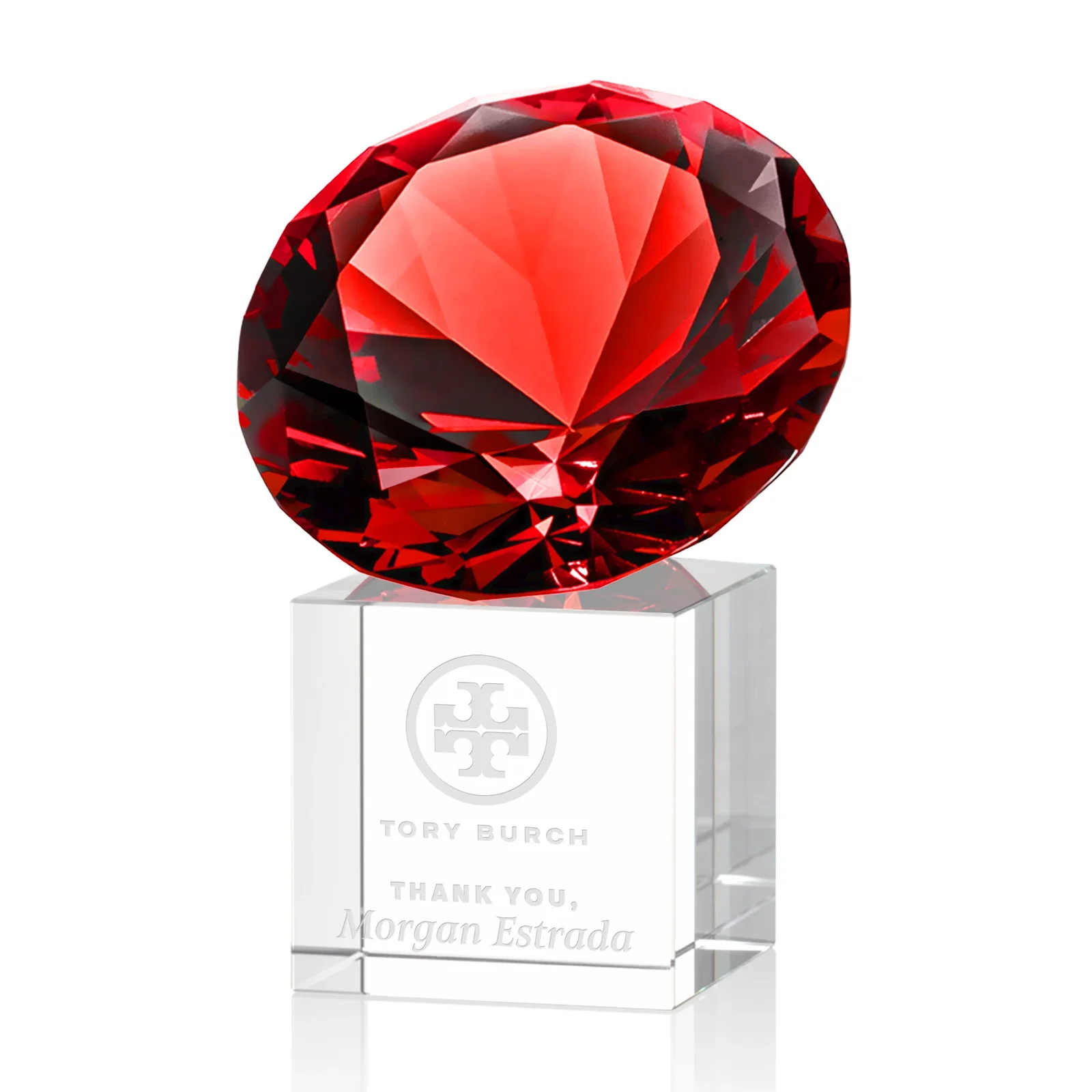 Personalized Faceted Optical Crystal Gemstone Award on Crystal Cube Base for dealer and partner awards