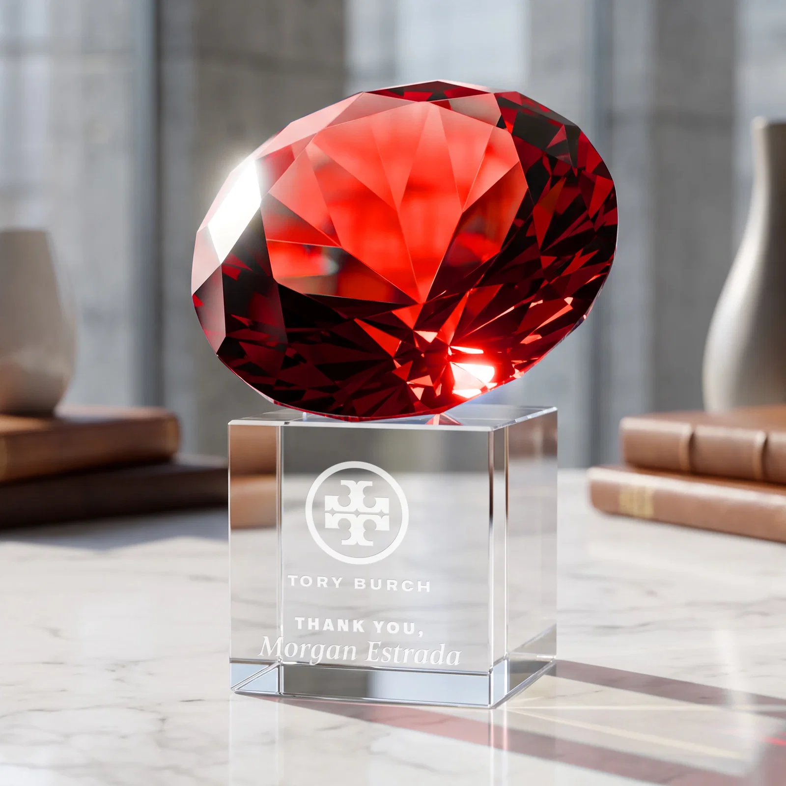 Personalized Faceted Optical Crystal Gemstone Award on Crystal Cube Base for company anniversary events