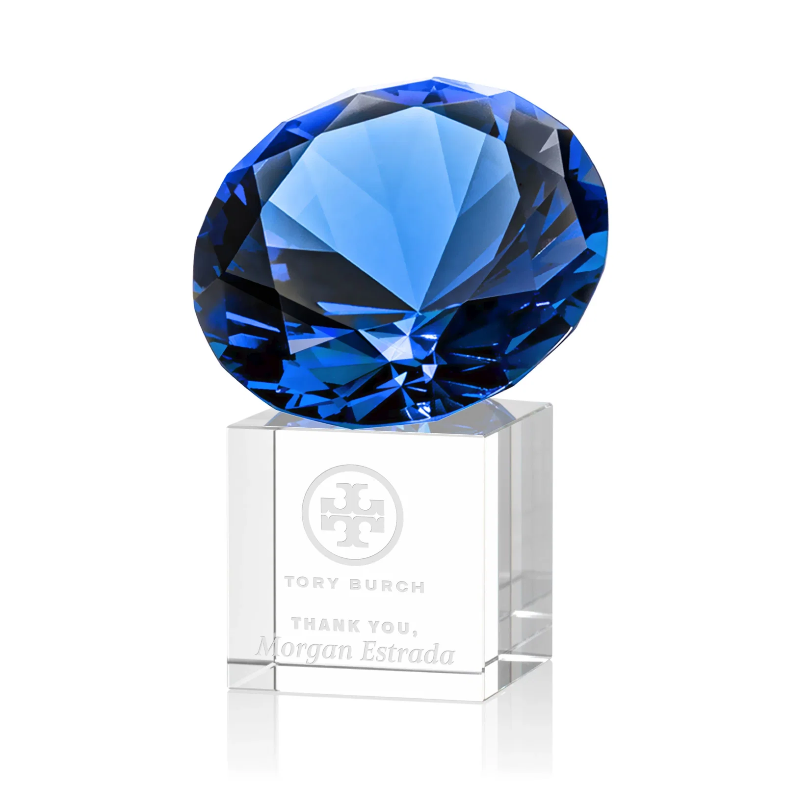 Promotional Faceted Optical Crystal Gemstone Award on Crystal Cube Base for sales achievement awards