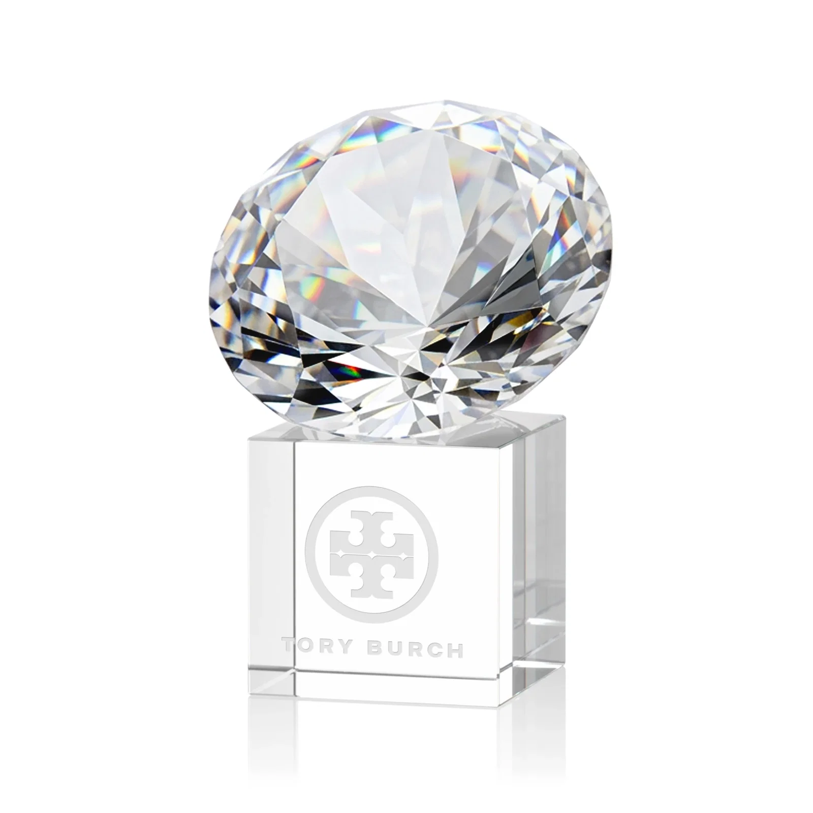 Custom Faceted Optical Crystal Gemstone Award on Crystal Cube Base for service anniversary gifts