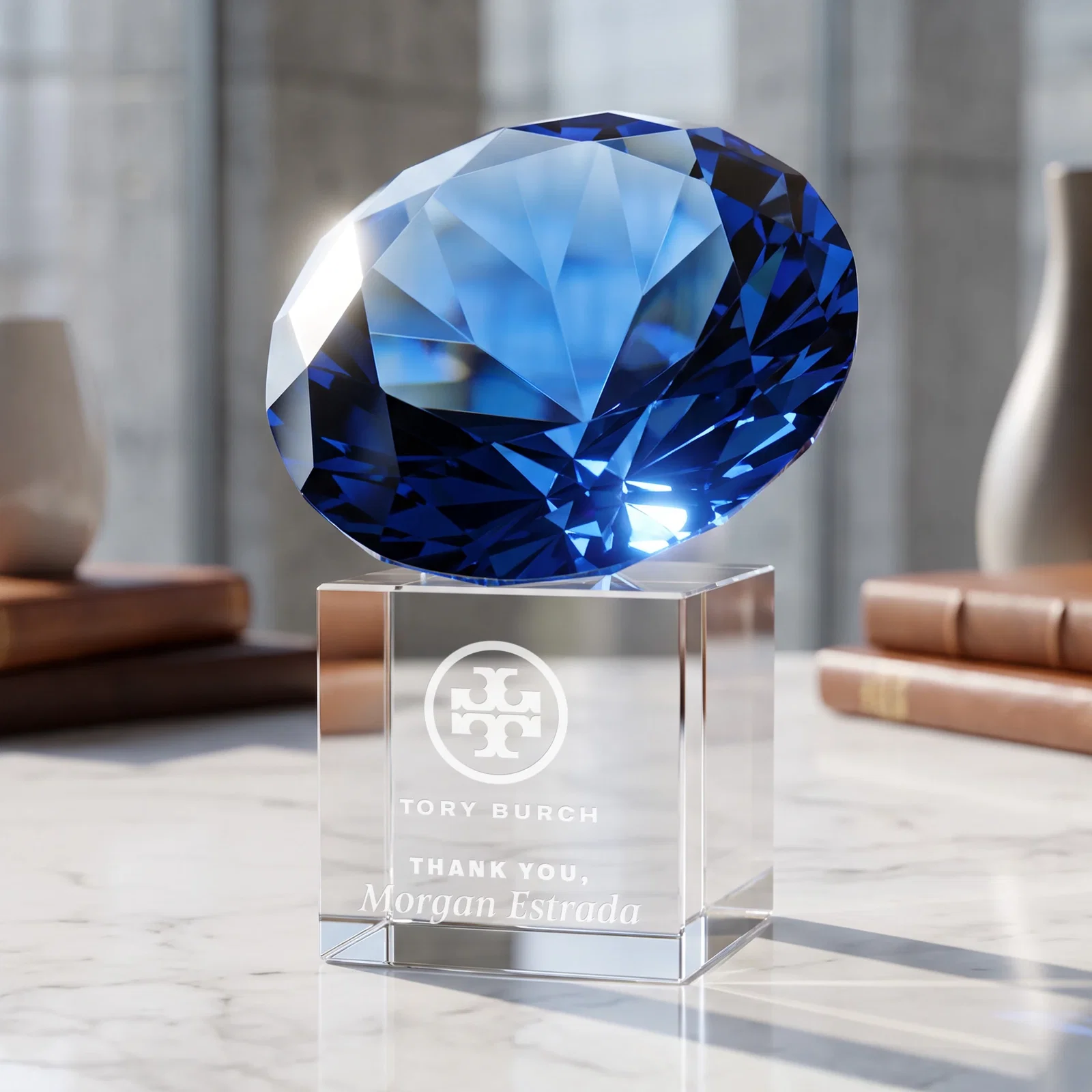 Promotional Faceted Optical Crystal Gemstone Award on Crystal Cube Base for team milestone celebrations