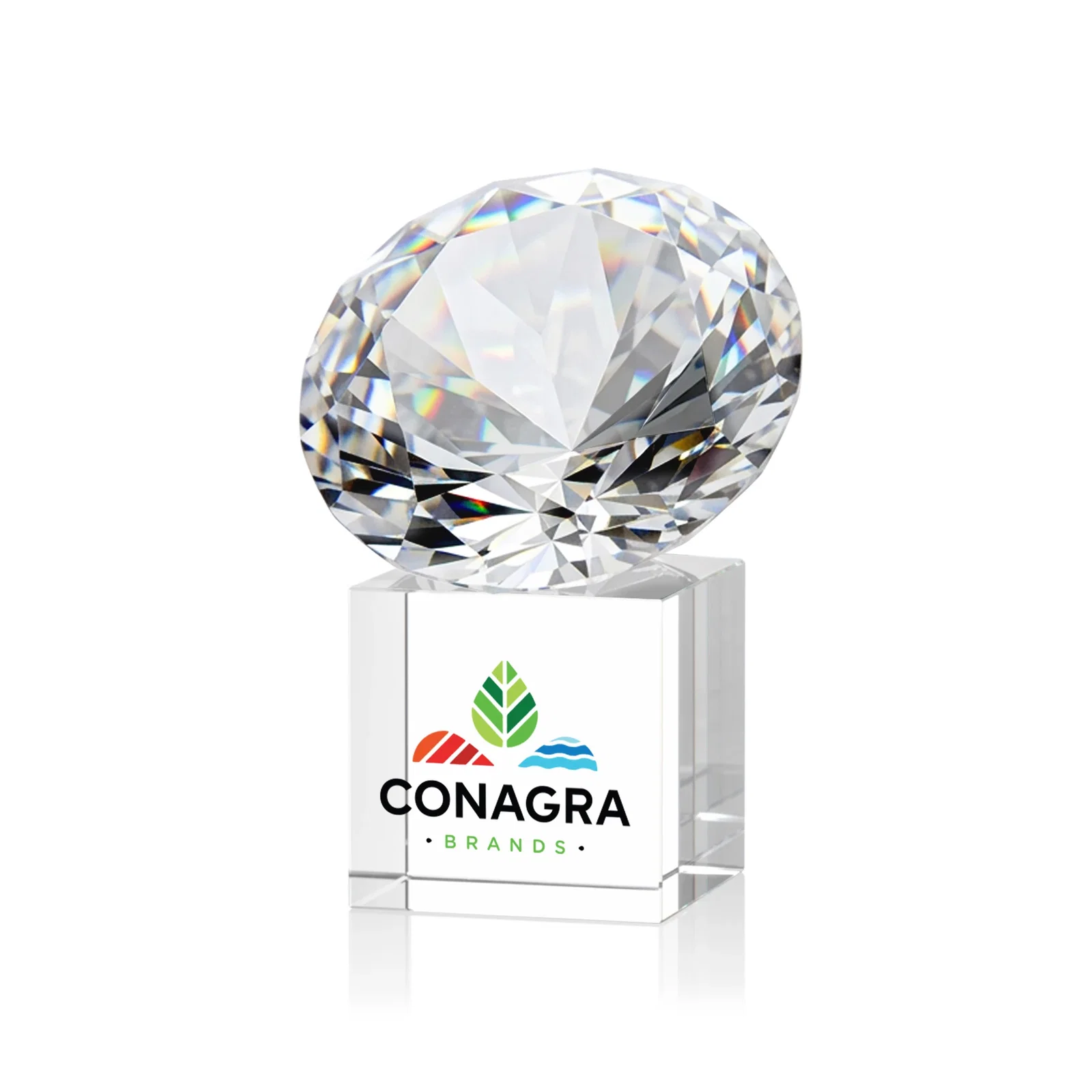 Promotional Faceted Optical Crystal Gemstone Award on Crystal Cube Base for graduation ceremonies