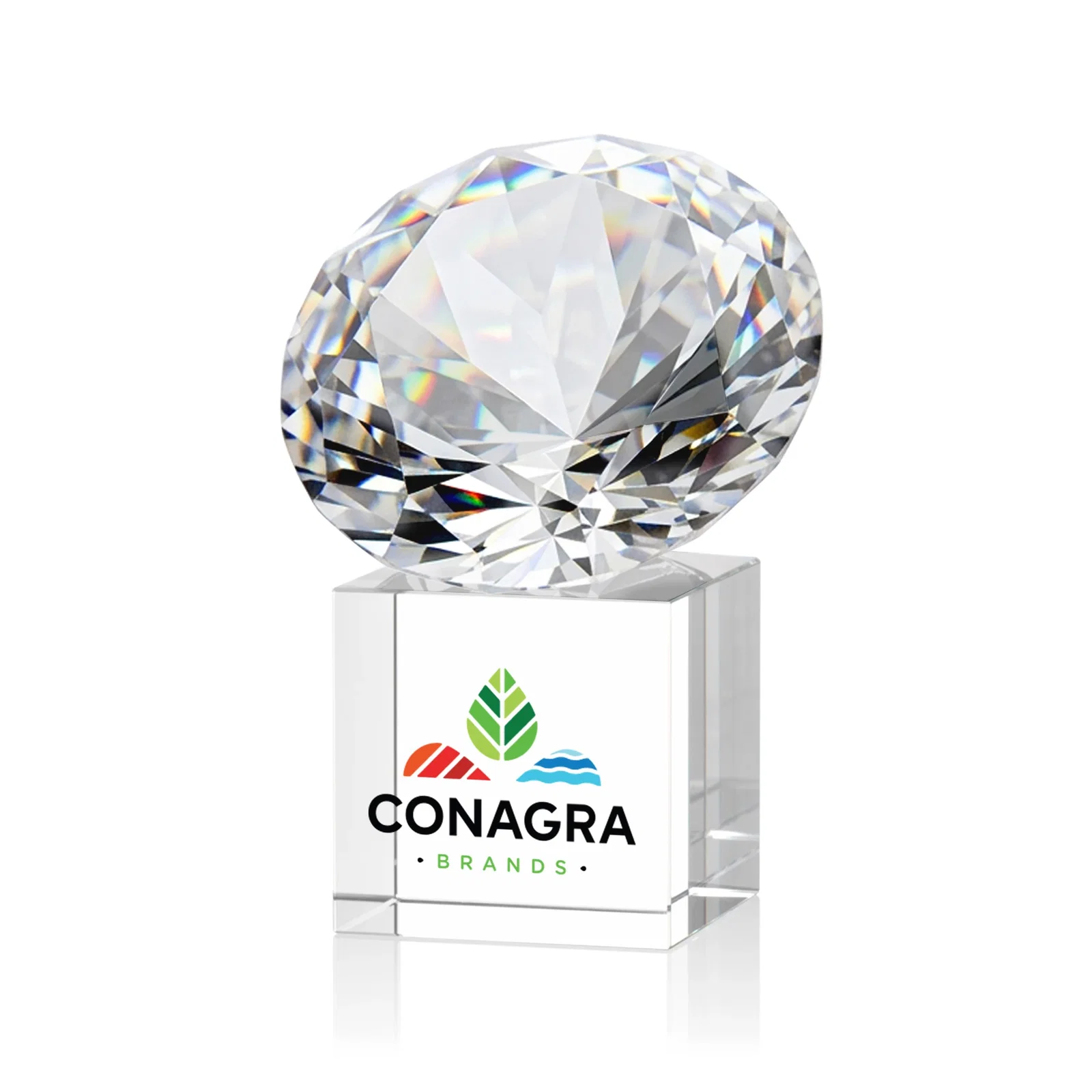 Promotional Faceted Optical Crystal Gemstone Award on Crystal Cube Base for safety achievement programs