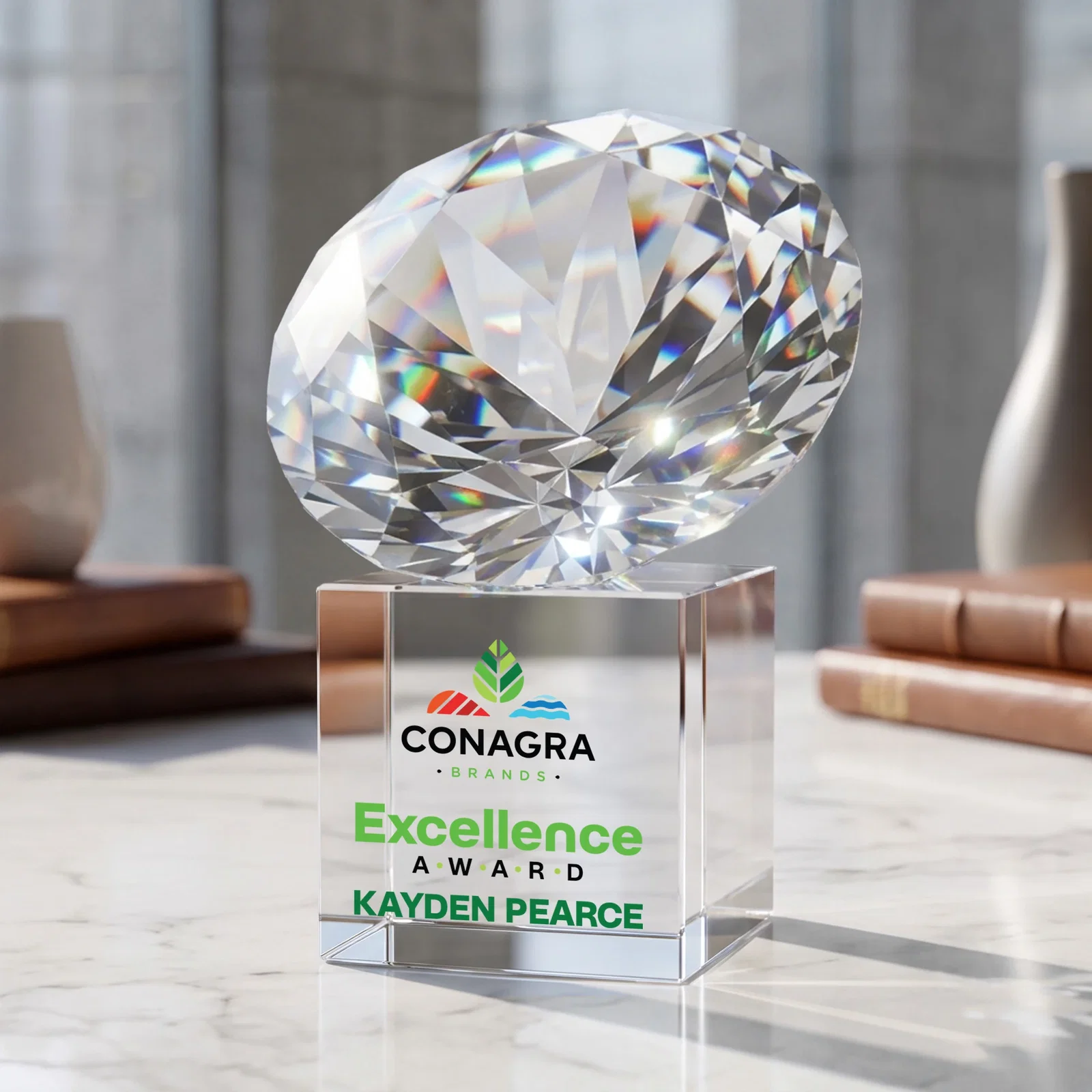 Promotional Faceted Optical Crystal Gemstone Award on Crystal Cube Base for company anniversary events