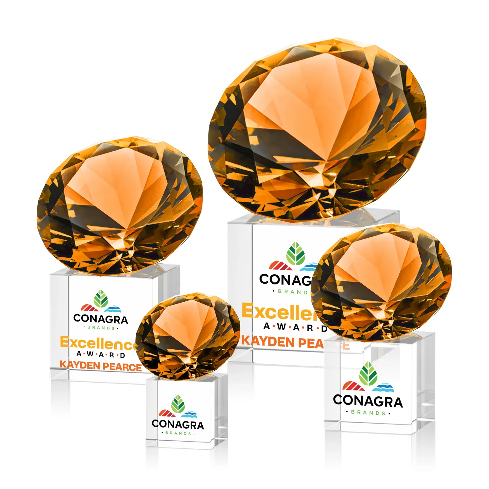Branded Faceted Optical Crystal Gemstone Award on Crystal Cube Base for employee recognition