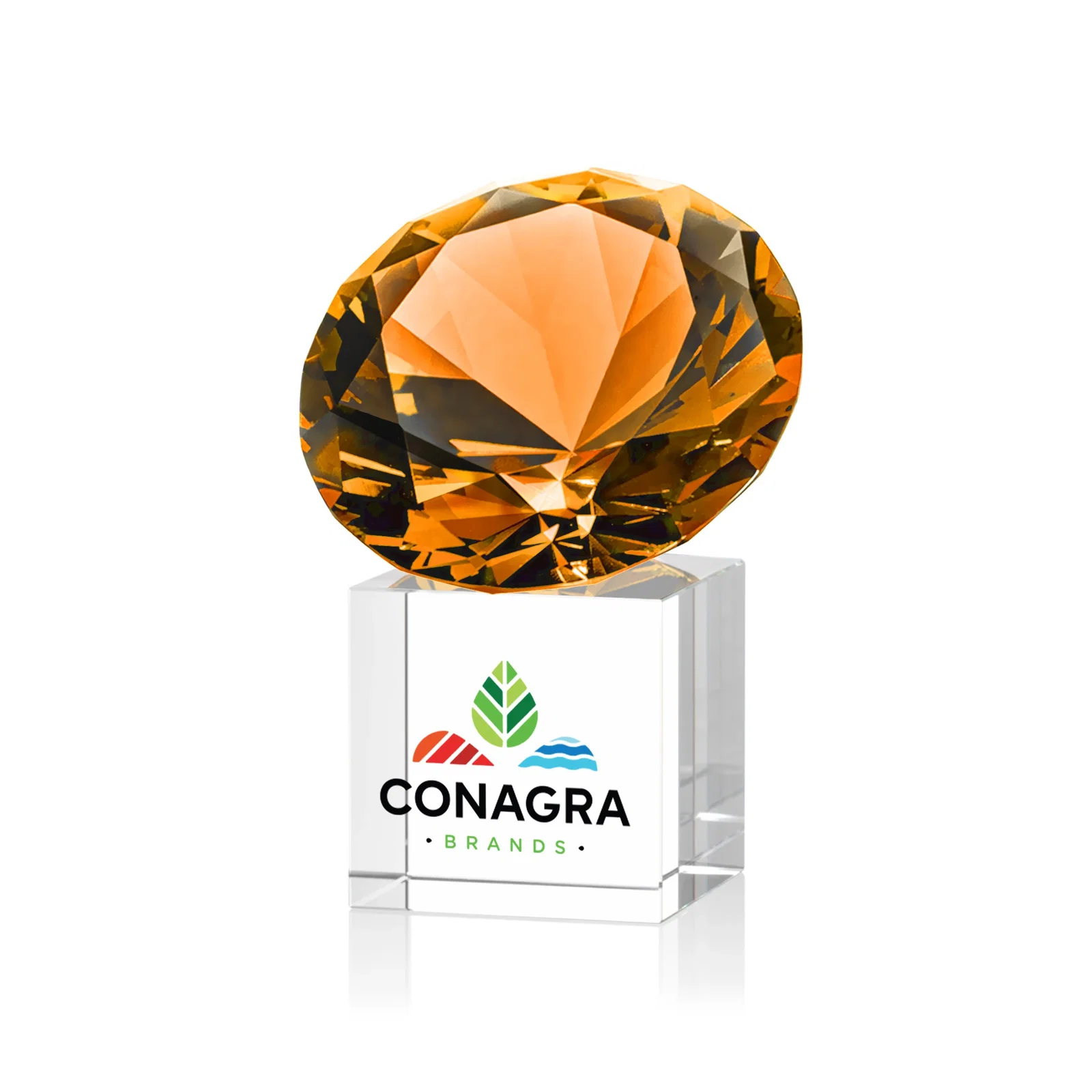 Branded Faceted Optical Crystal Gemstone Award on Crystal Cube Base for corporate award ceremonies