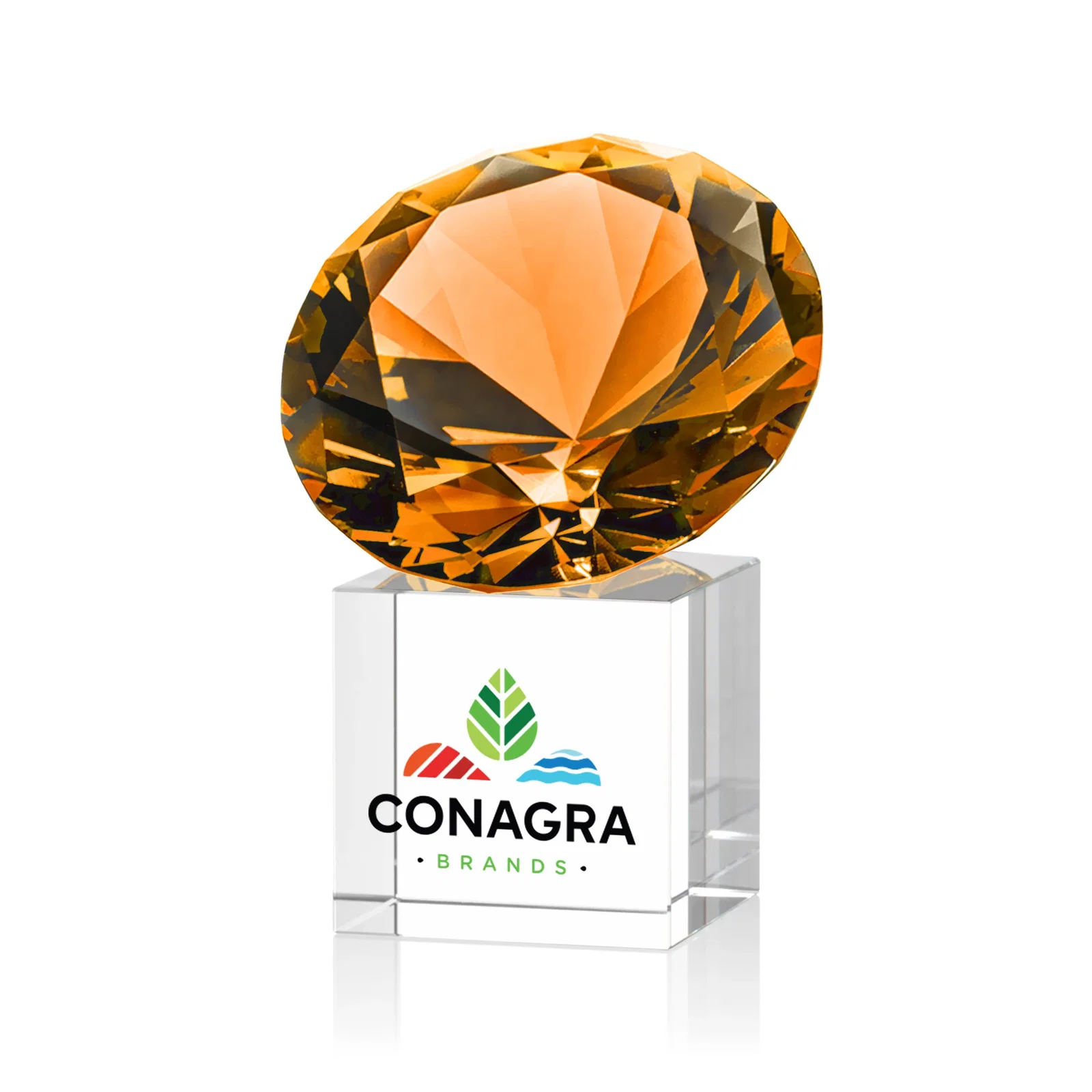 Branded Faceted Optical Crystal Gemstone Award on Crystal Cube Base for service anniversary gifts