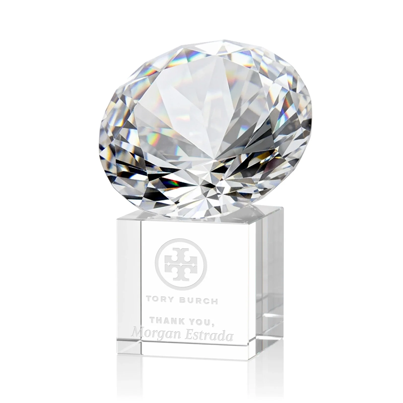 Custom Faceted Optical Crystal Gemstone Award on Crystal Cube Base for sales achievement awards