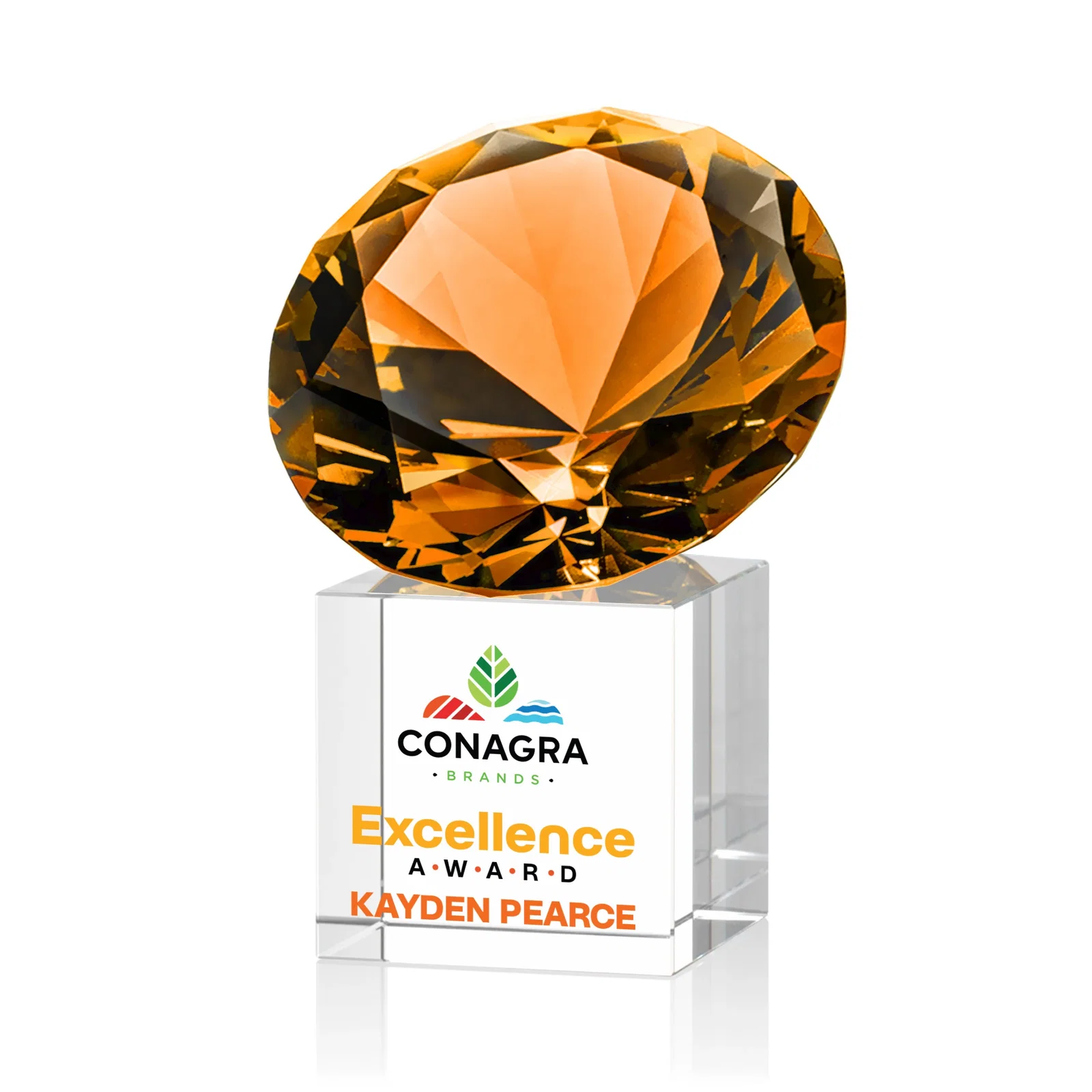 Branded Faceted Optical Crystal Gemstone Award on Crystal Cube Base for sales achievement awards
