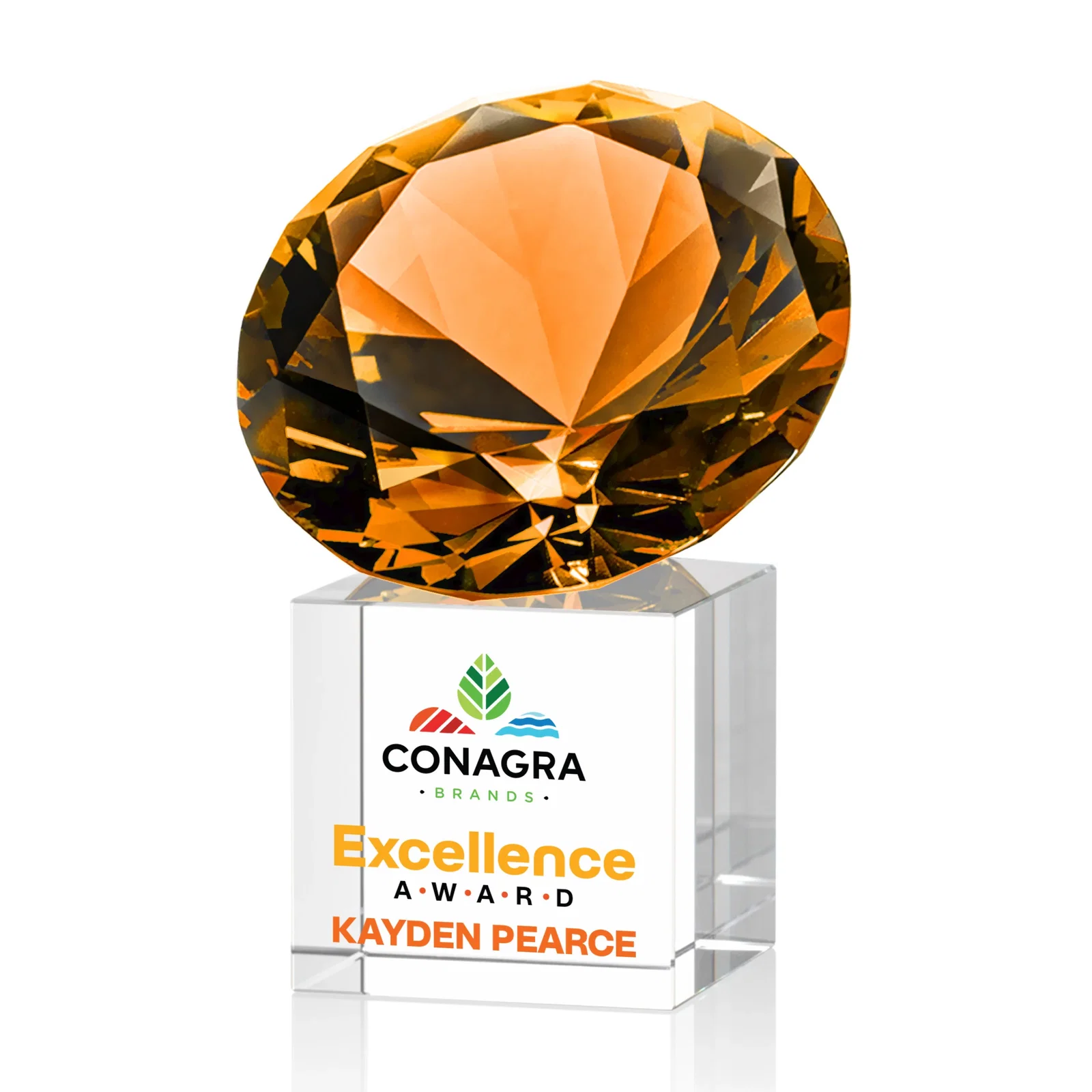 Branded Faceted Optical Crystal Gemstone Award on Crystal Cube Base for retirement presentations