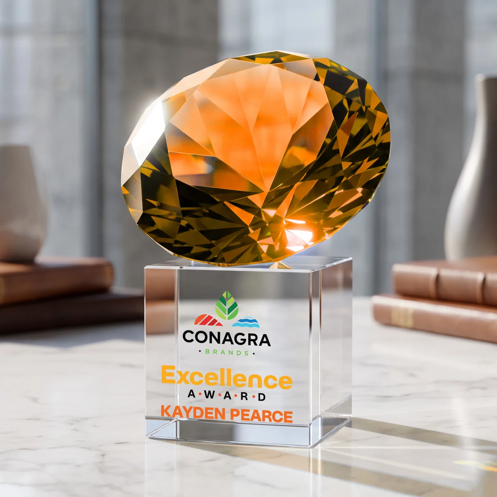 Branded Faceted Optical Crystal Gemstone Award on Crystal Cube Base for team milestone celebrations