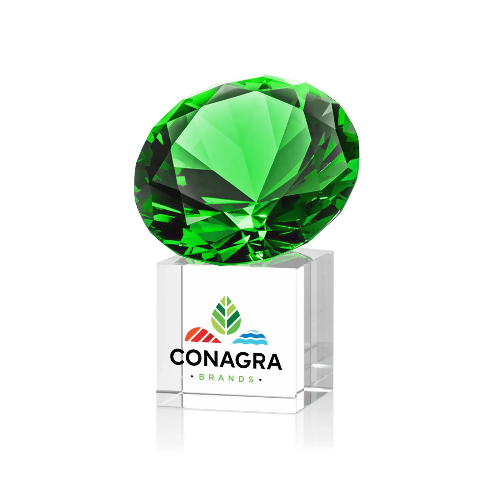 Branded Faceted Optical Crystal Gemstone Award on Crystal Cube Base for graduation ceremonies