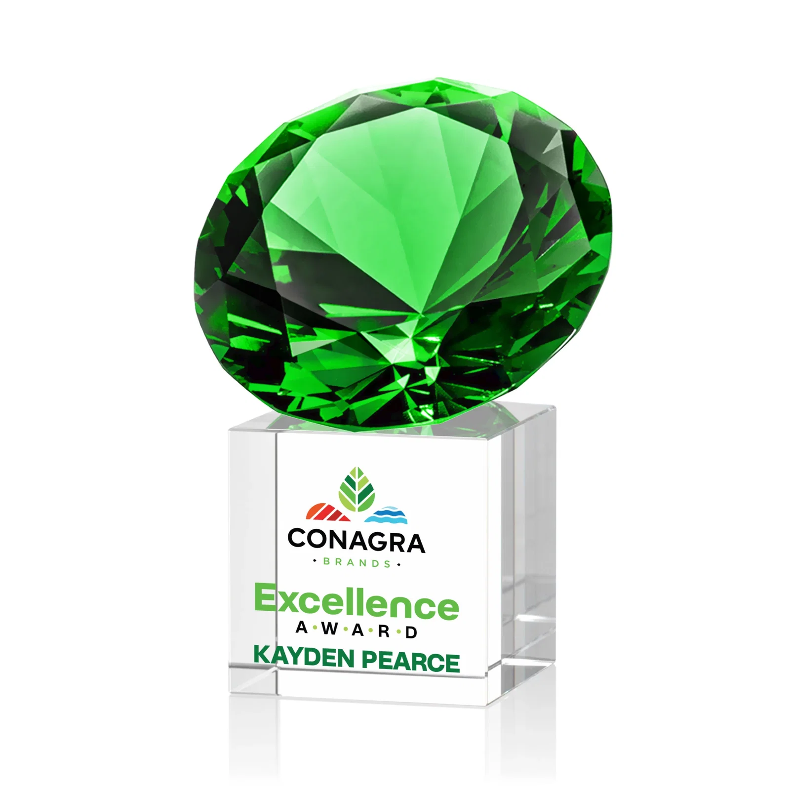 Branded Faceted Optical Crystal Gemstone Award on Crystal Cube Base for volunteer appreciation