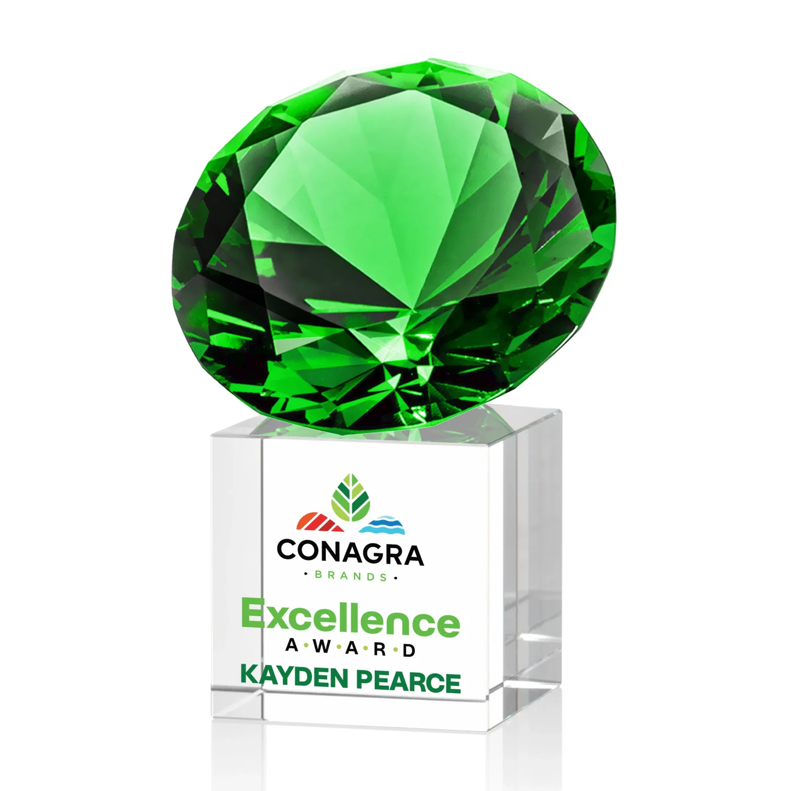Branded Faceted Optical Crystal Gemstone Award on Crystal Cube Base for dealer and partner awards