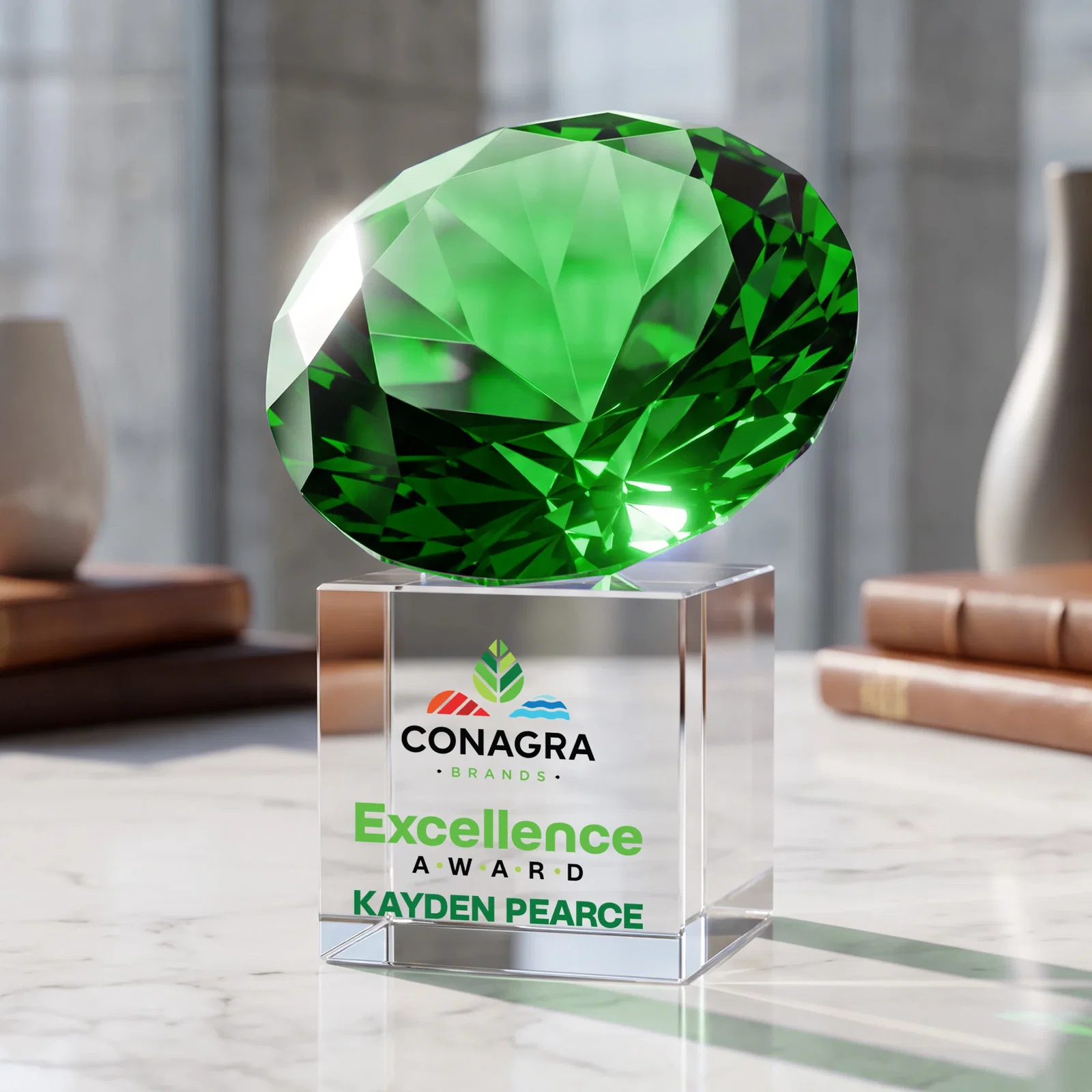 Branded Faceted Optical Crystal Gemstone Award on Crystal Cube Base for company anniversary events