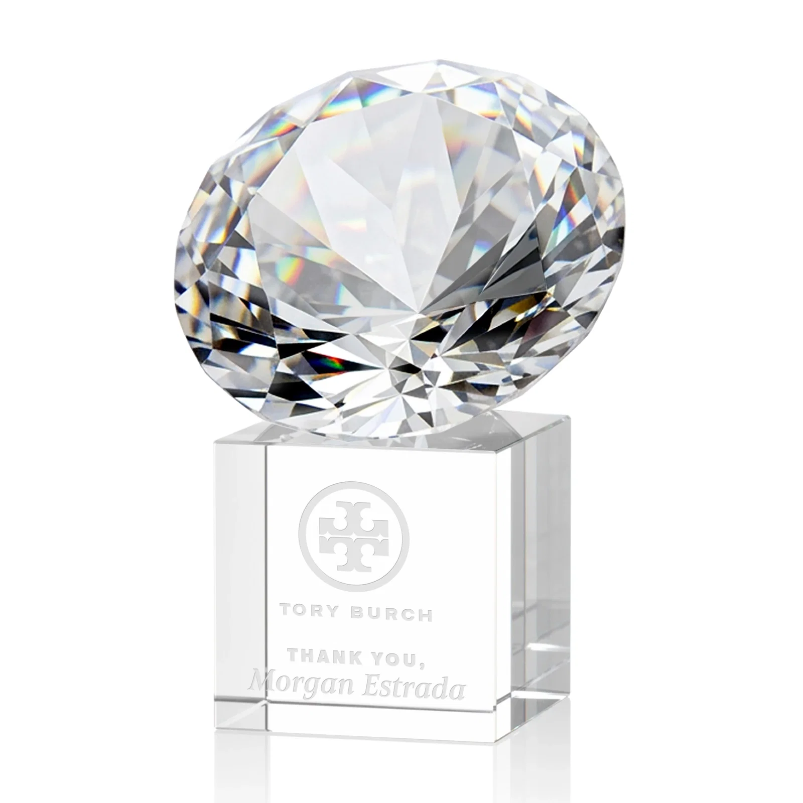 Custom Faceted Optical Crystal Gemstone Award on Crystal Cube Base for retirement presentations