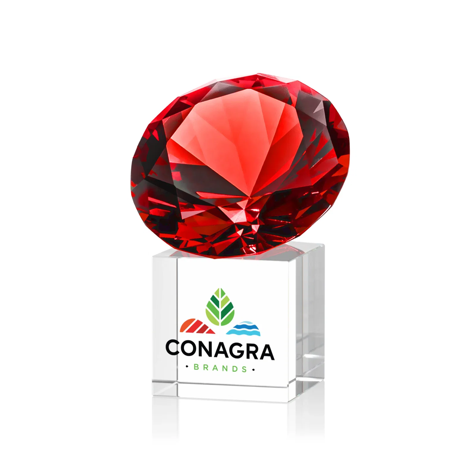 Custom printed Faceted Optical Crystal Gemstone Award on Crystal Cube Base for corporate award ceremonies