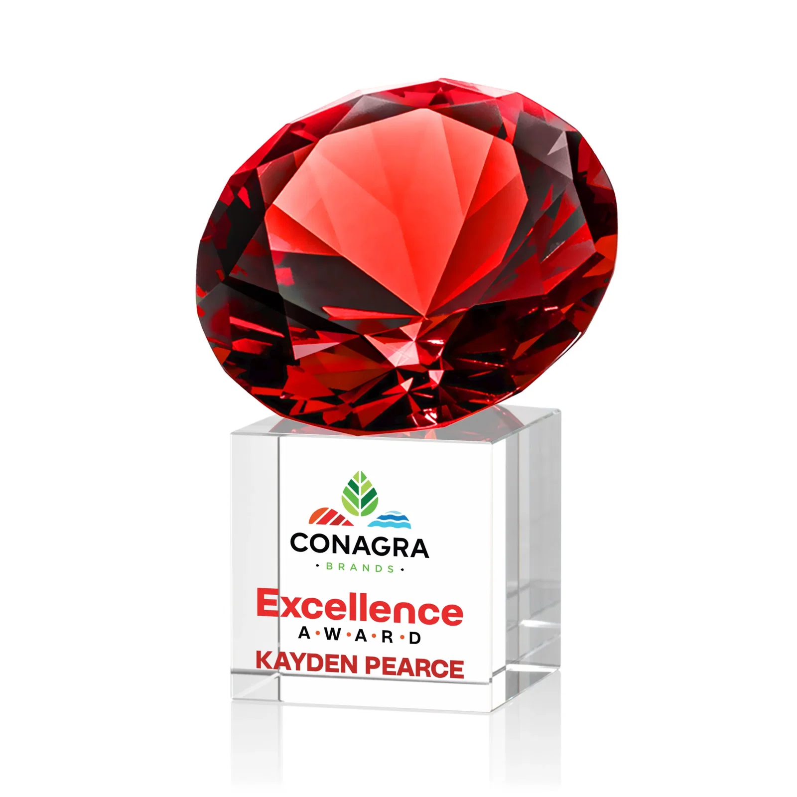 Custom printed Faceted Optical Crystal Gemstone Award on Crystal Cube Base for sales achievement awards