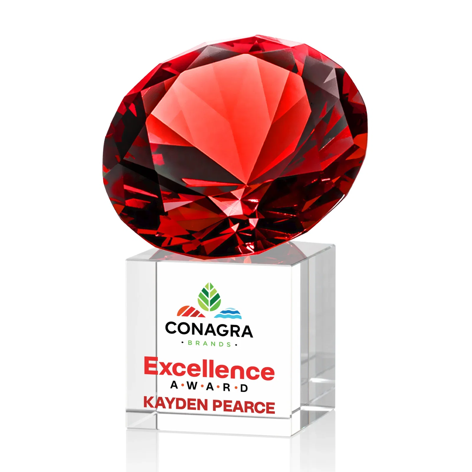 Custom printed Faceted Optical Crystal Gemstone Award on Crystal Cube Base for retirement presentations
