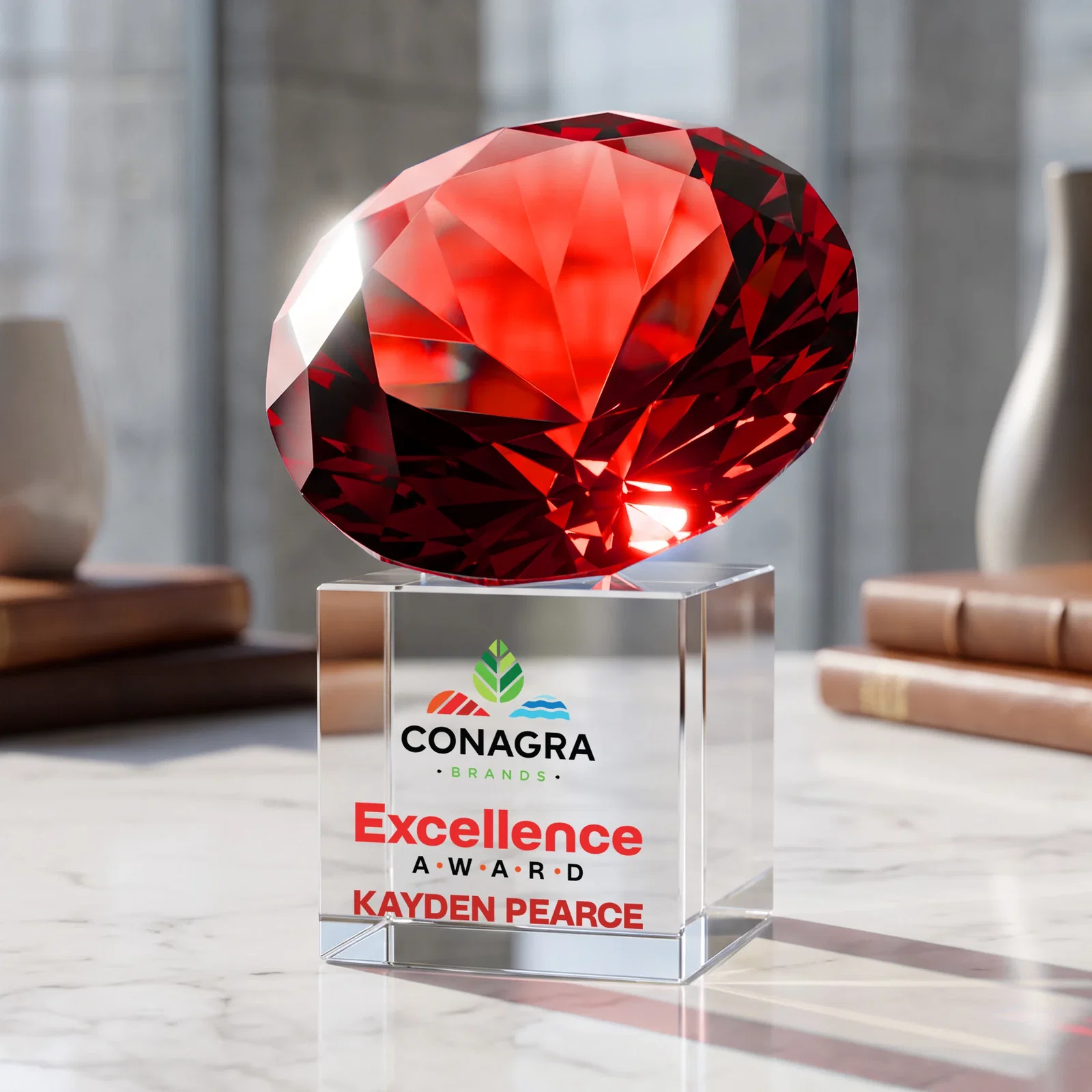 Custom printed Faceted Optical Crystal Gemstone Award on Crystal Cube Base for team milestone celebrations