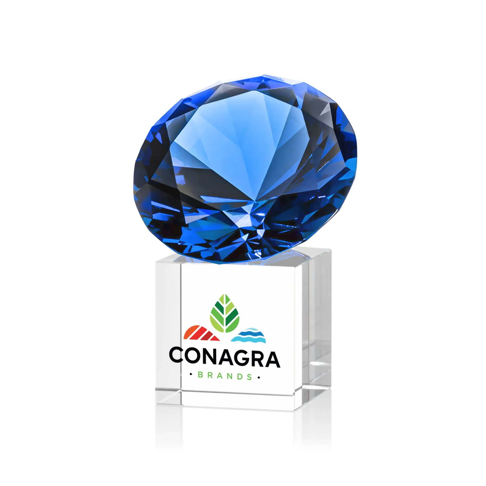 Custom printed Faceted Optical Crystal Gemstone Award on Crystal Cube Base for graduation ceremonies
