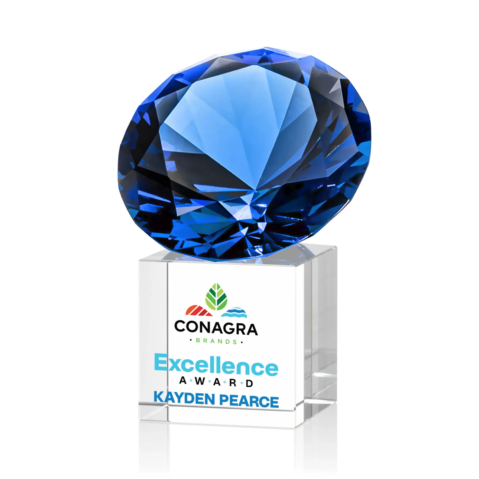Custom printed Faceted Optical Crystal Gemstone Award on Crystal Cube Base for volunteer appreciation