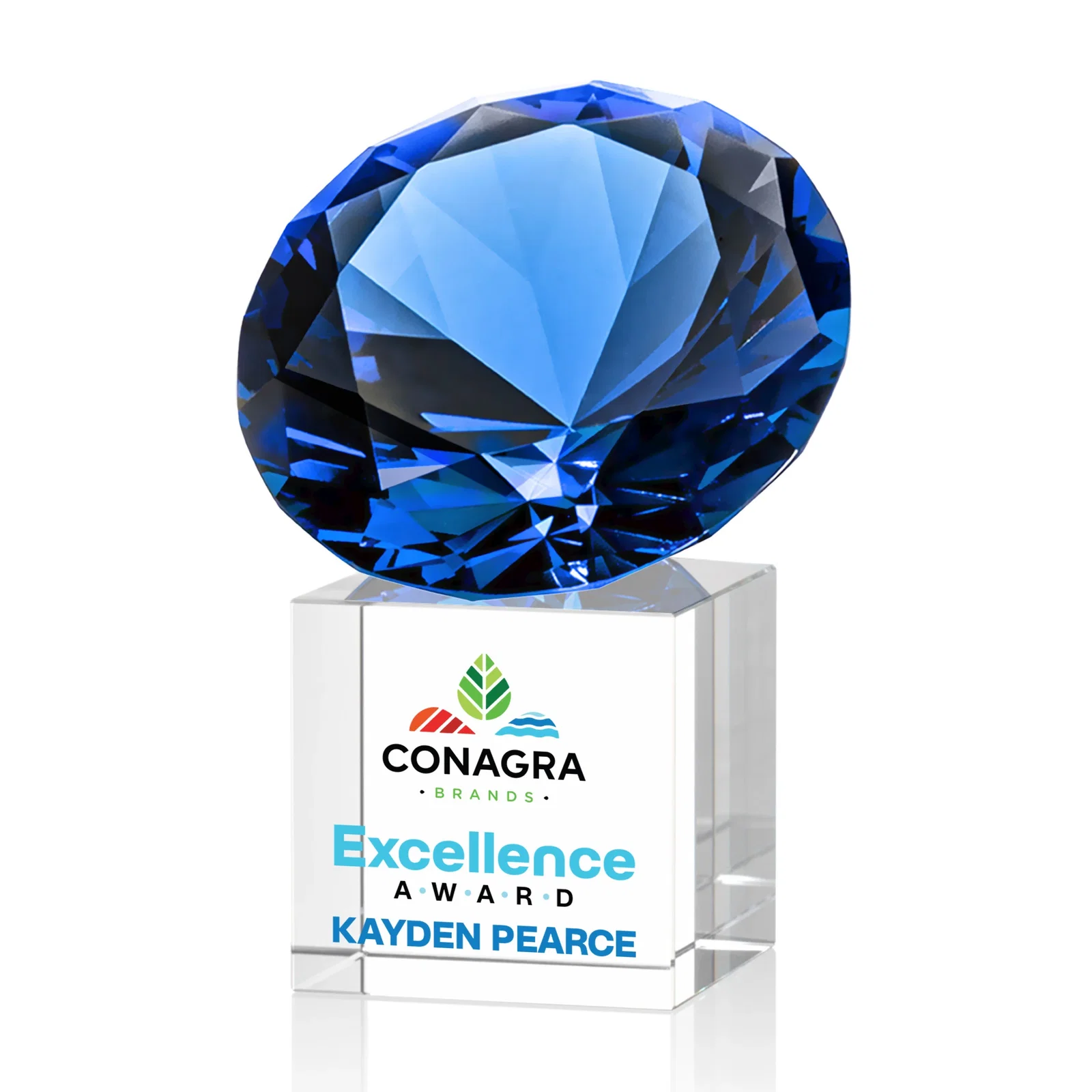 Custom printed Faceted Optical Crystal Gemstone Award on Crystal Cube Base for dealer and partner awards