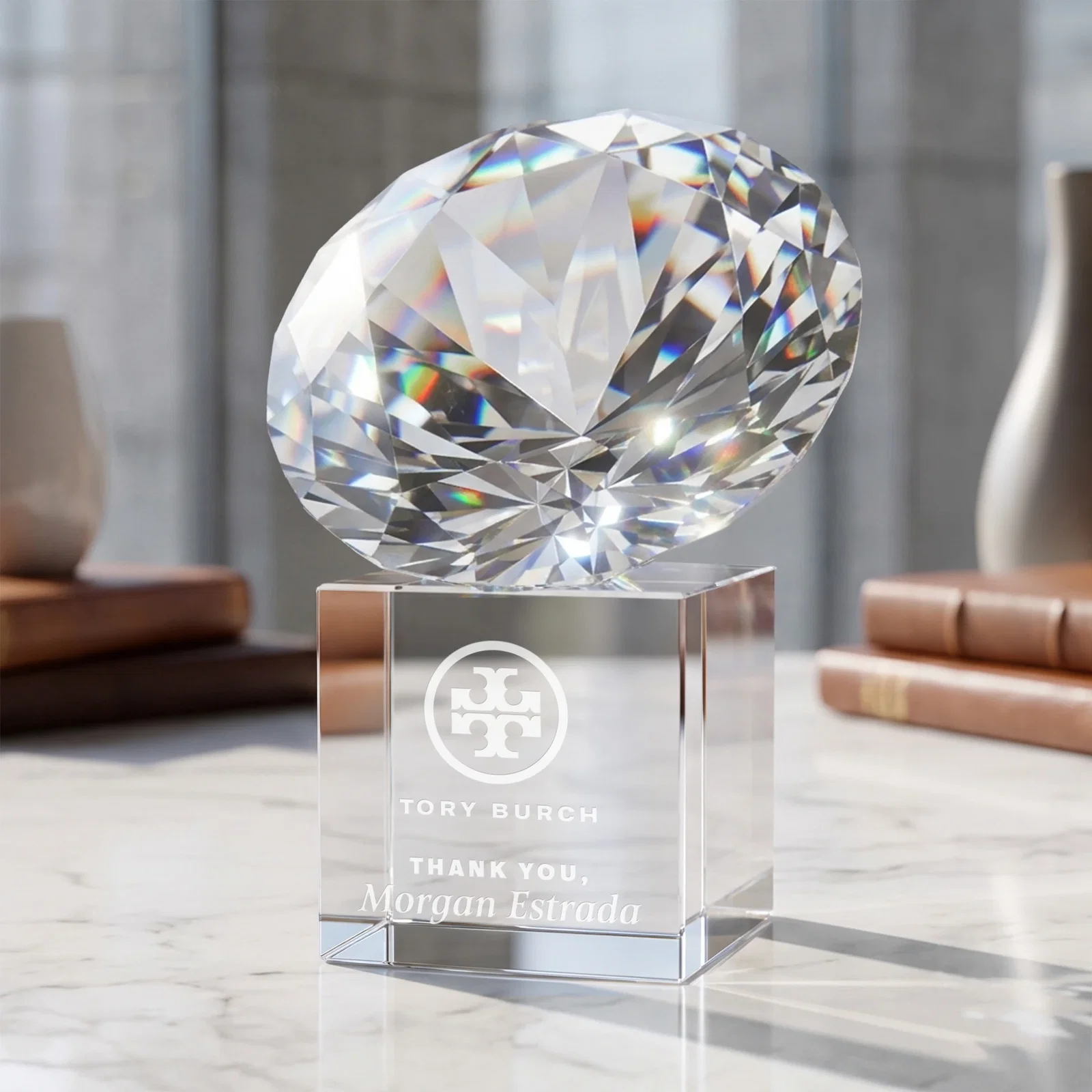 Custom Faceted Optical Crystal Gemstone Award on Crystal Cube Base for team milestone celebrations