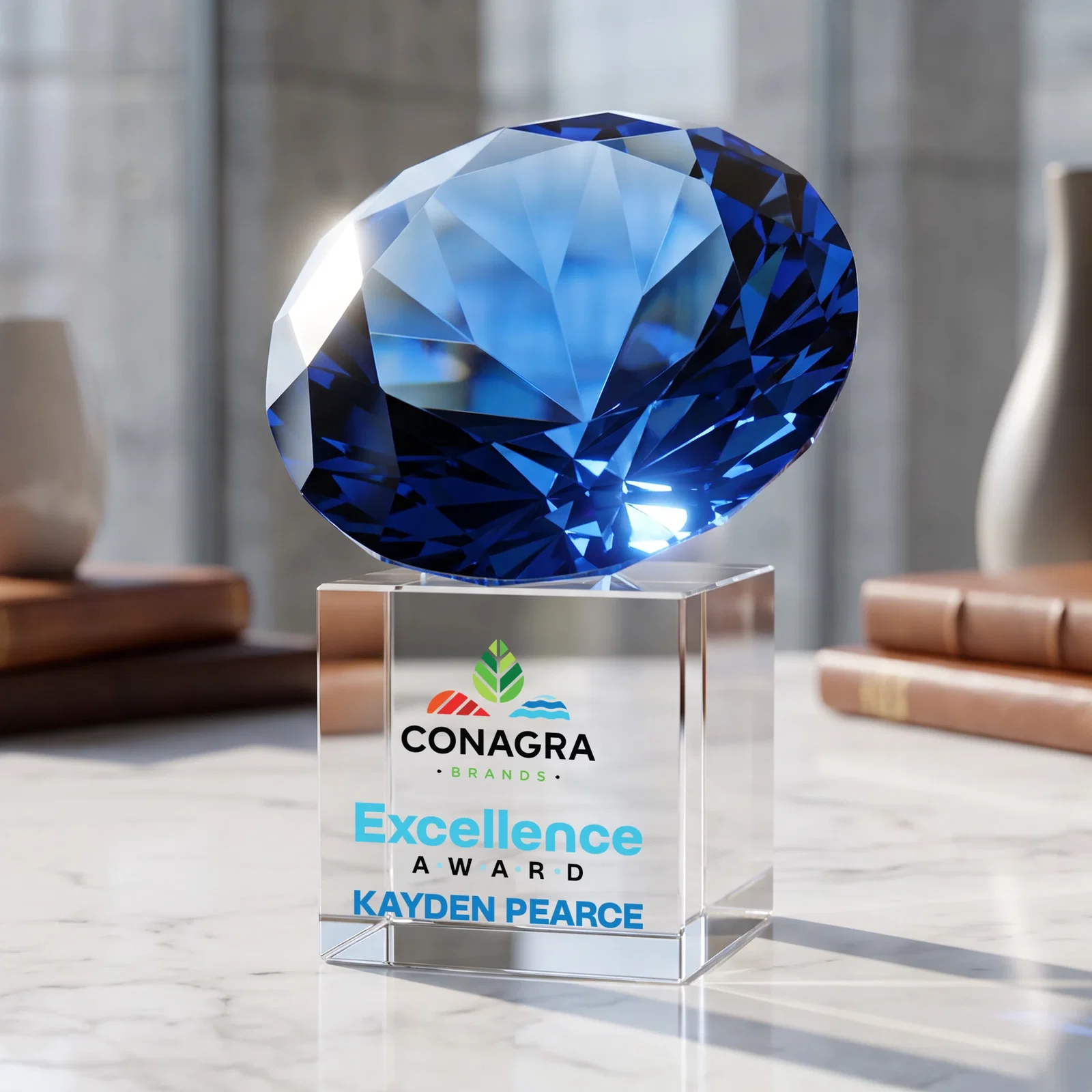 Custom printed Faceted Optical Crystal Gemstone Award on Crystal Cube Base for company anniversary events