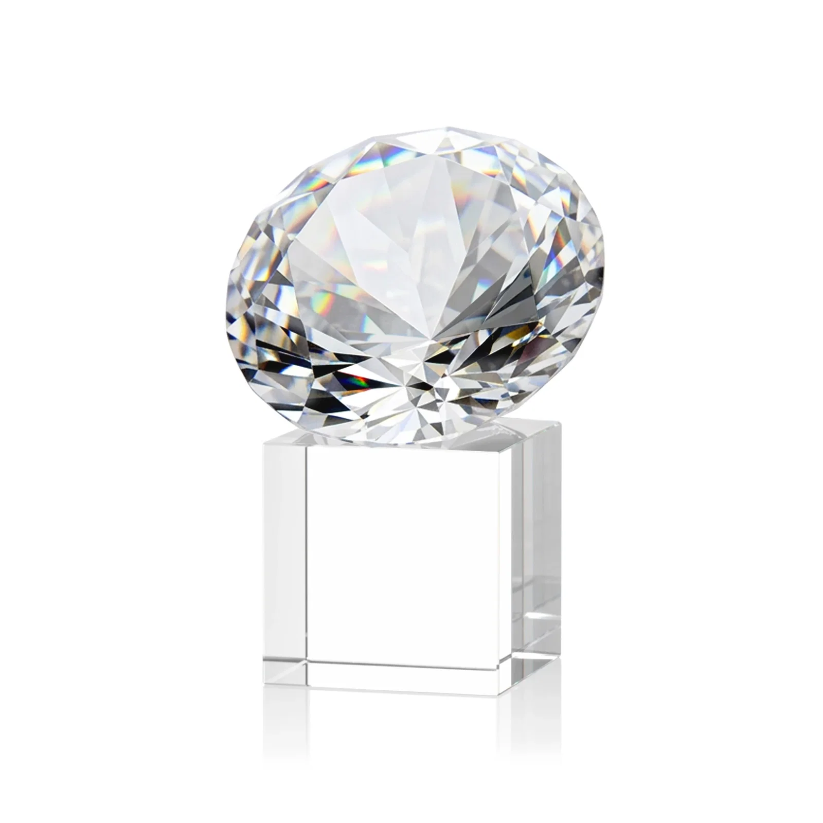Customized Faceted Optical Crystal Gemstone Award on Crystal Cube Base for employee recognition